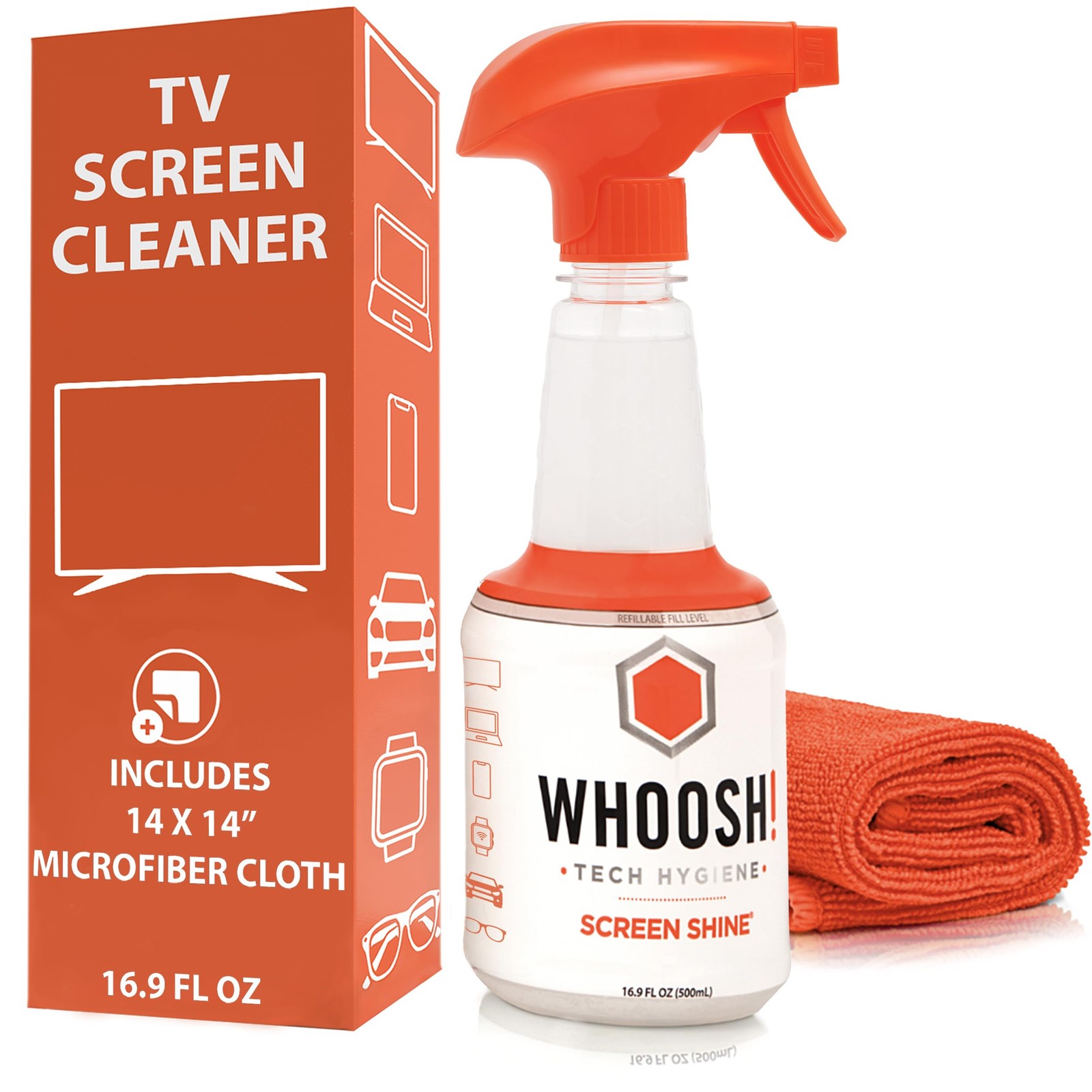 WHOOSH Pro 16.9 fl oz Refillable TV Screen Cleaner & Microfiber Cloth  Streak...