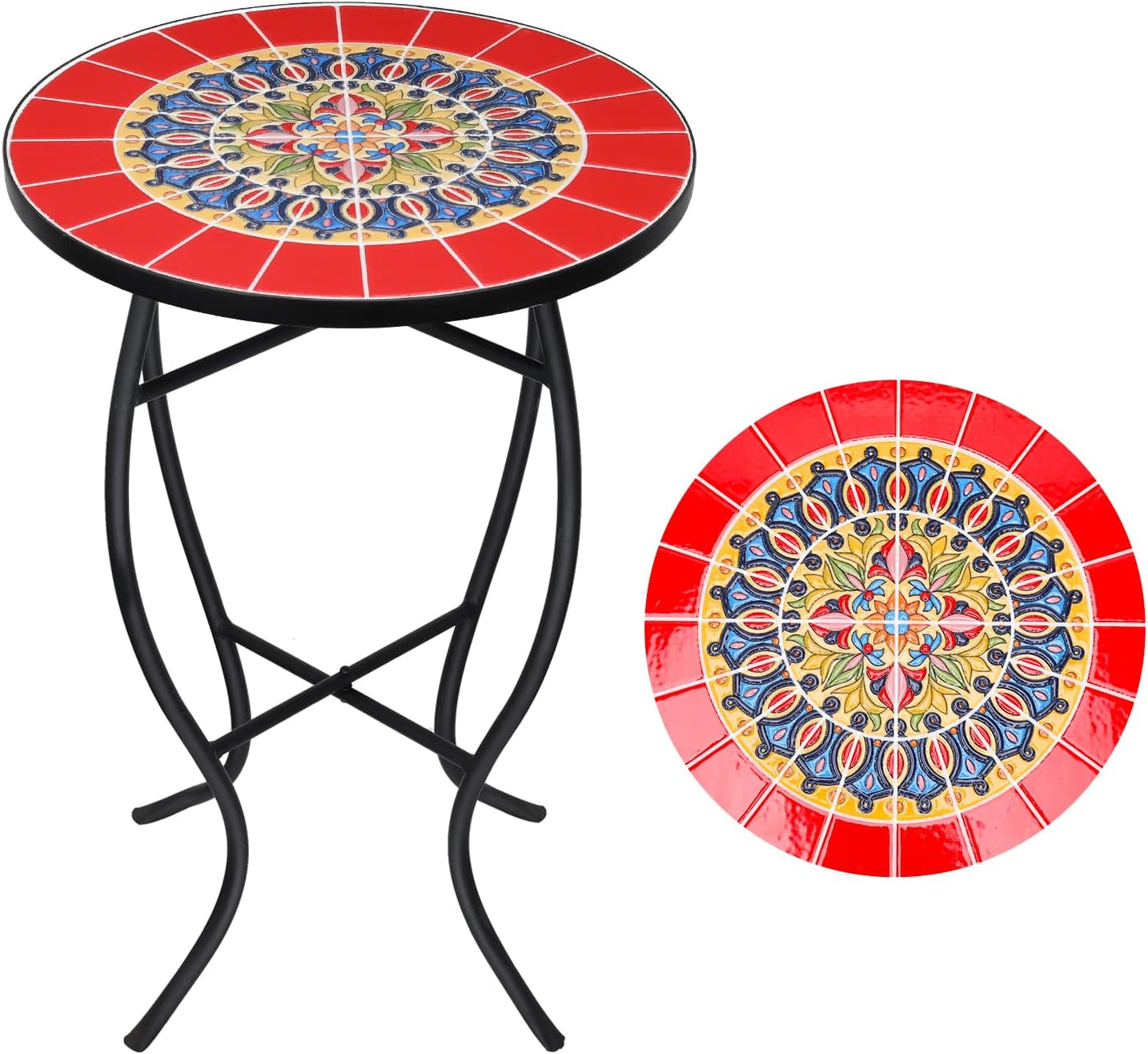Mosaic Outdoor Side Table, 14" Round Small Patio Accent Table | End table with c