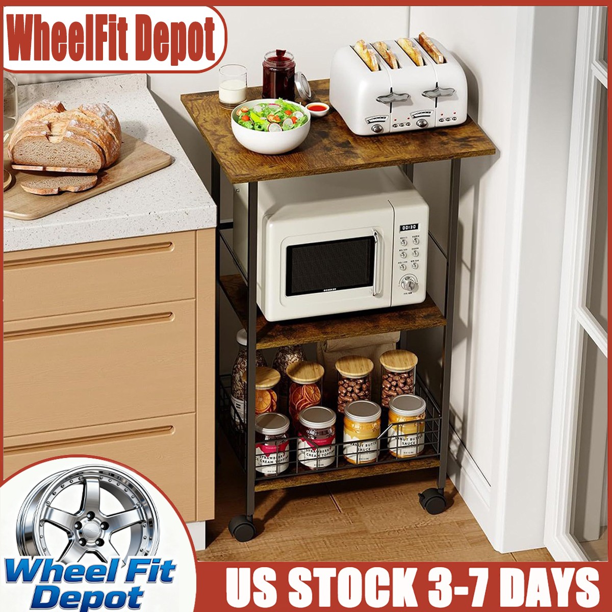3-Tier Metal Storage Rack w/ Wheels Kitchen Carts Shelving Unit Rolling Shelf US