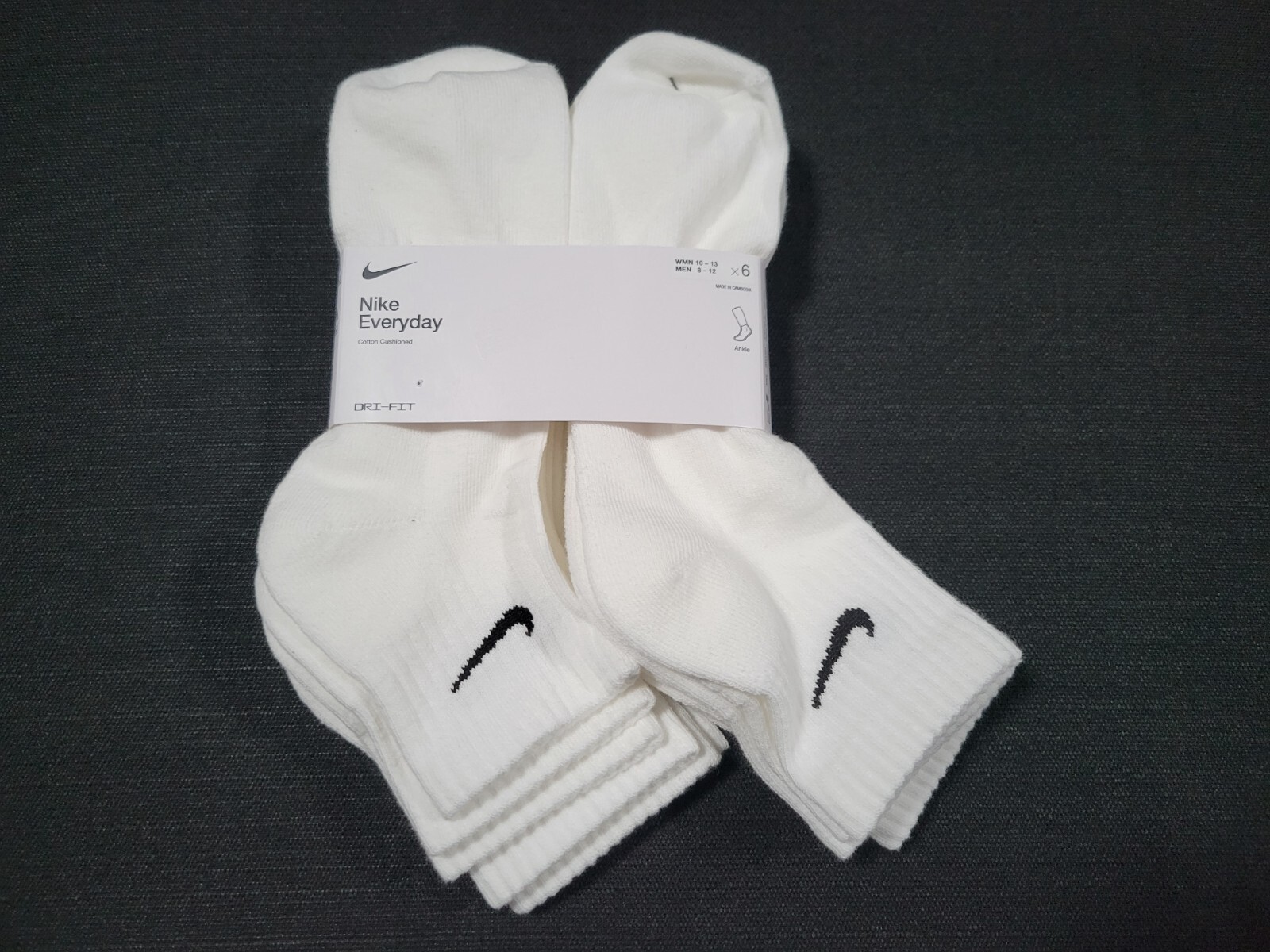 Nike Mens Everyday Ankle Cut -Cotton White  Socks Pairs 6 Prs DRI-FIT SZ 8-12
