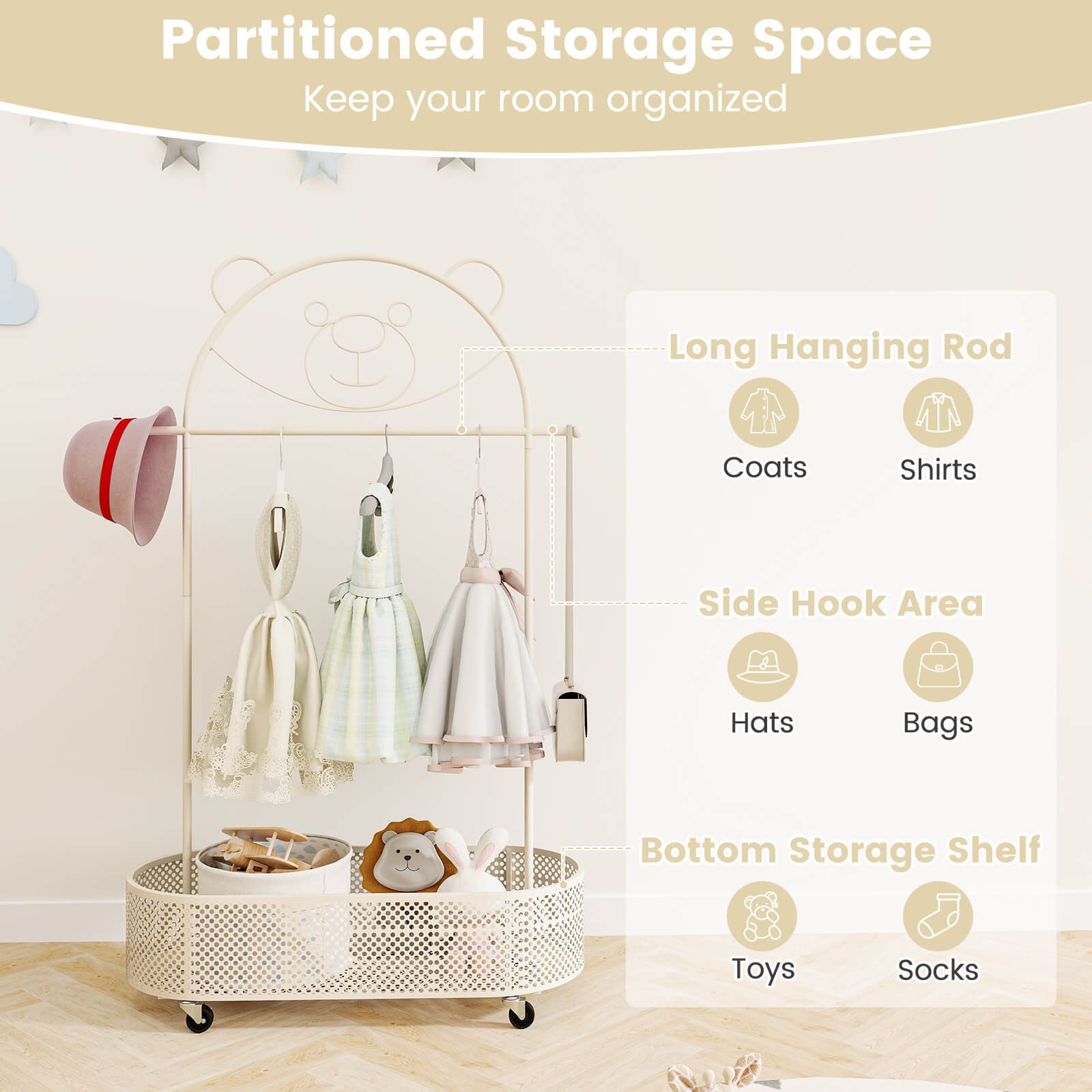 Kid Clothes Rack W/ 3 Adjustable Heights Home Freestanding Clothes Rack