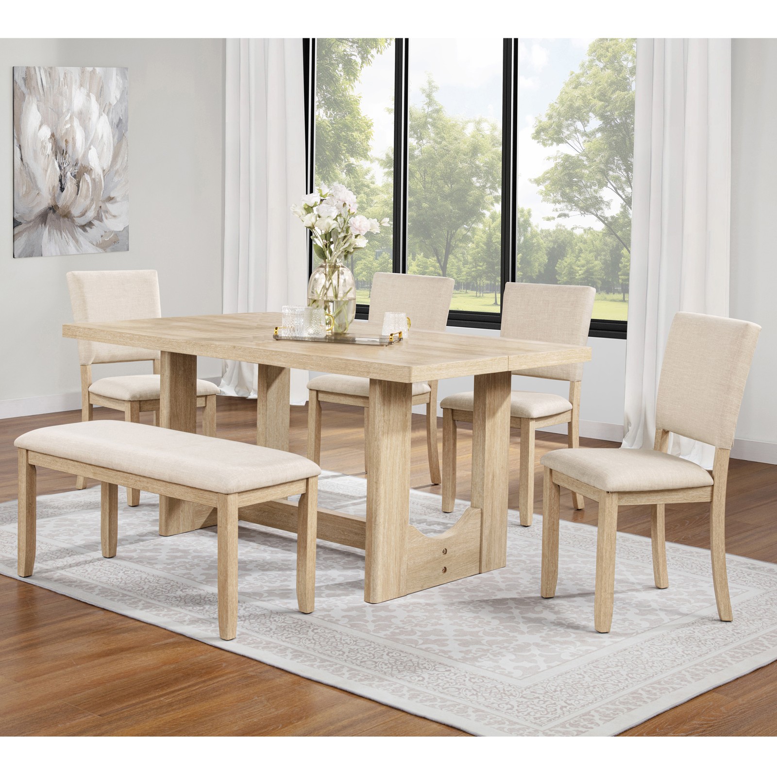 6-Piece Dining Set with Bench & Rectangular Wooden Table & 4 Upholstered Chair