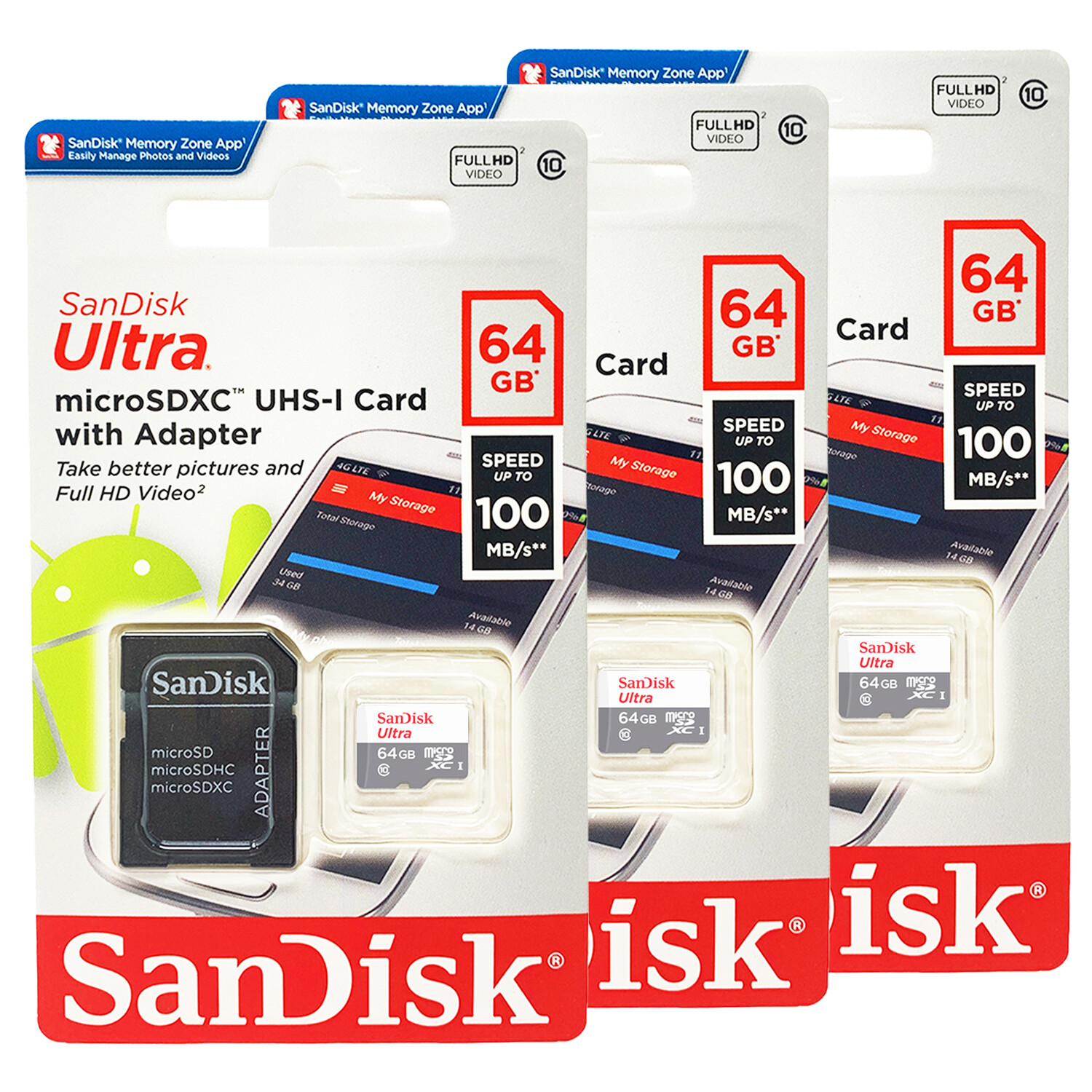 SanDisk Ultra MicroSD 64GB UHS-I Class 10 Card W/Adapter 100Mb/s Lot of 3 Pack