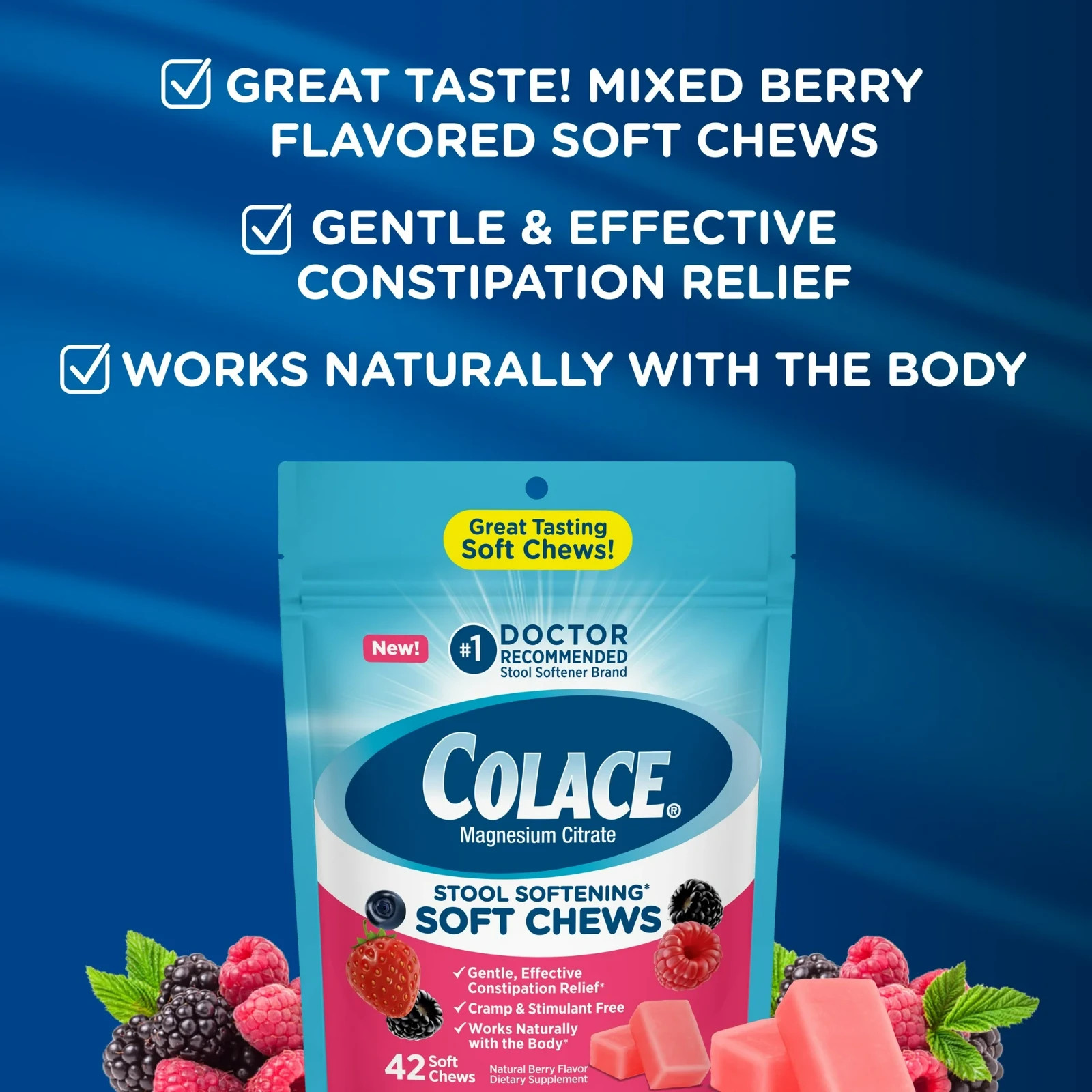 Colace Stool Softener Soft Chews Gentle Constipation Relief 42 Mixed Berry Chews