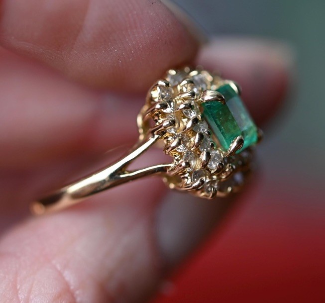 14K Solid Gold Emerald Diamond Halo Cluster Engagement Ring