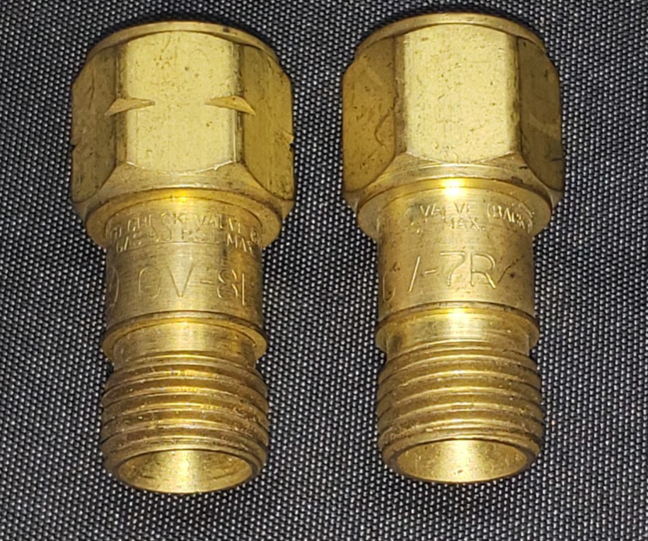 Lot of 2 - Western Enterprise CV-7R and CV-8L Checked Valves Fuel/Oxygen Set NOS