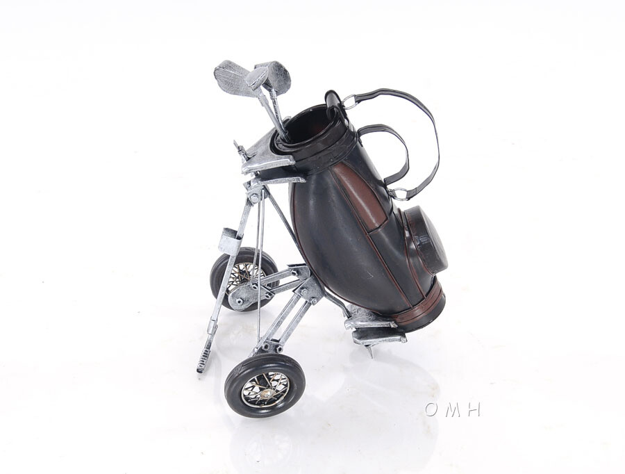 Golf Club Carry Cart Bag w/ Stand & Wheels 10" Metal Model Golfing Fan Figurine