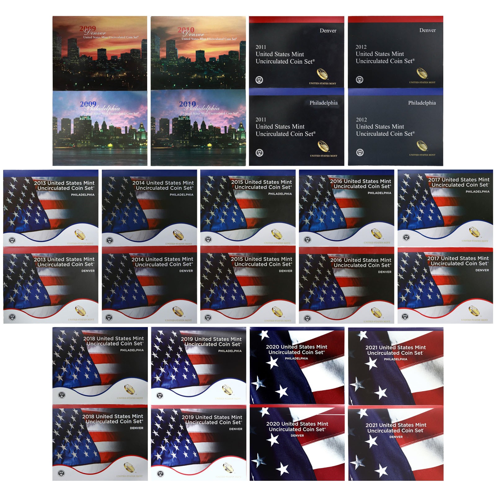2009-2022 Mint Set Run Original Envelopes 14 Sets 344 Coins