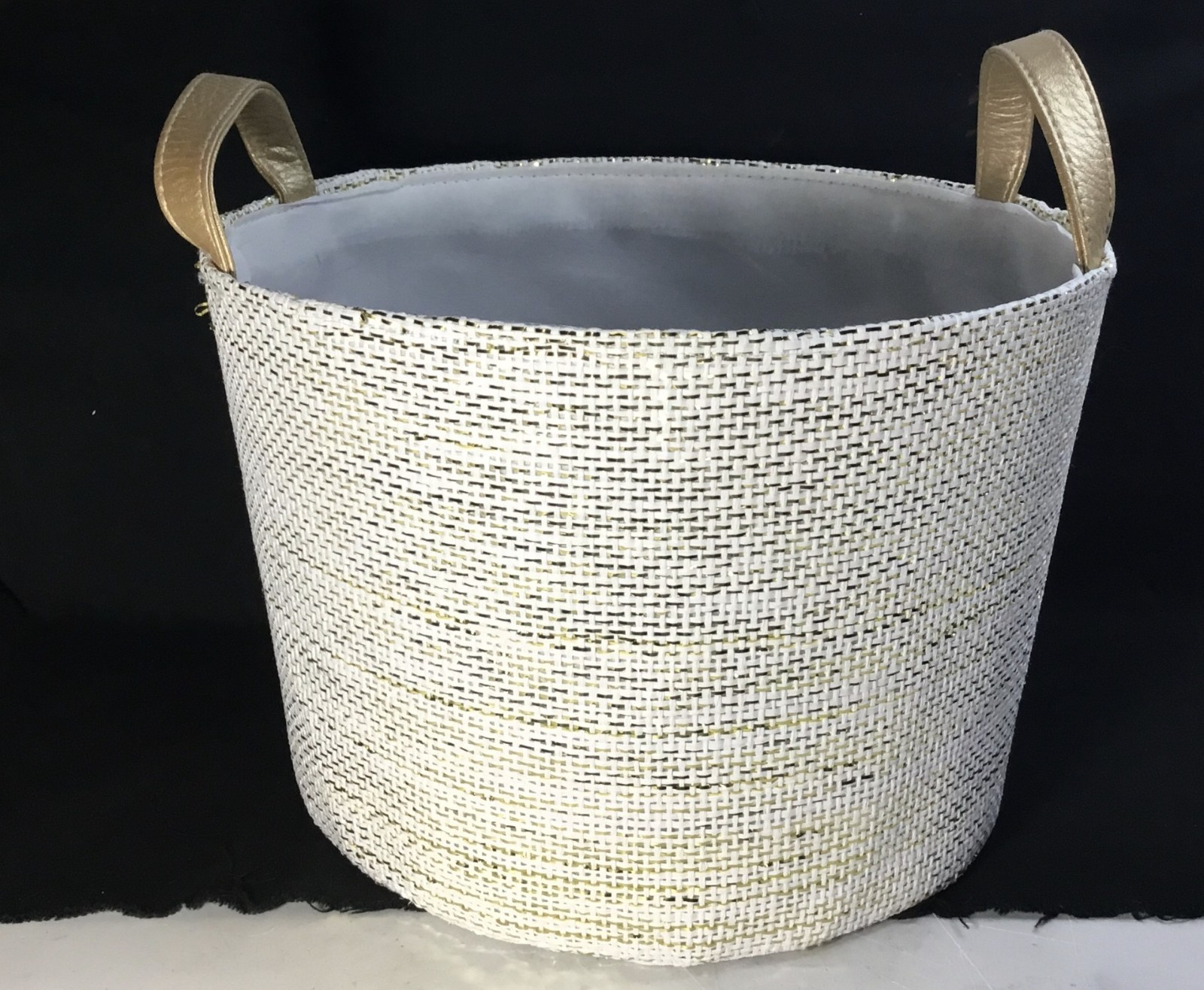 White & gold tone, heavy cardstock and fabric basket, faux leather handles, 10"