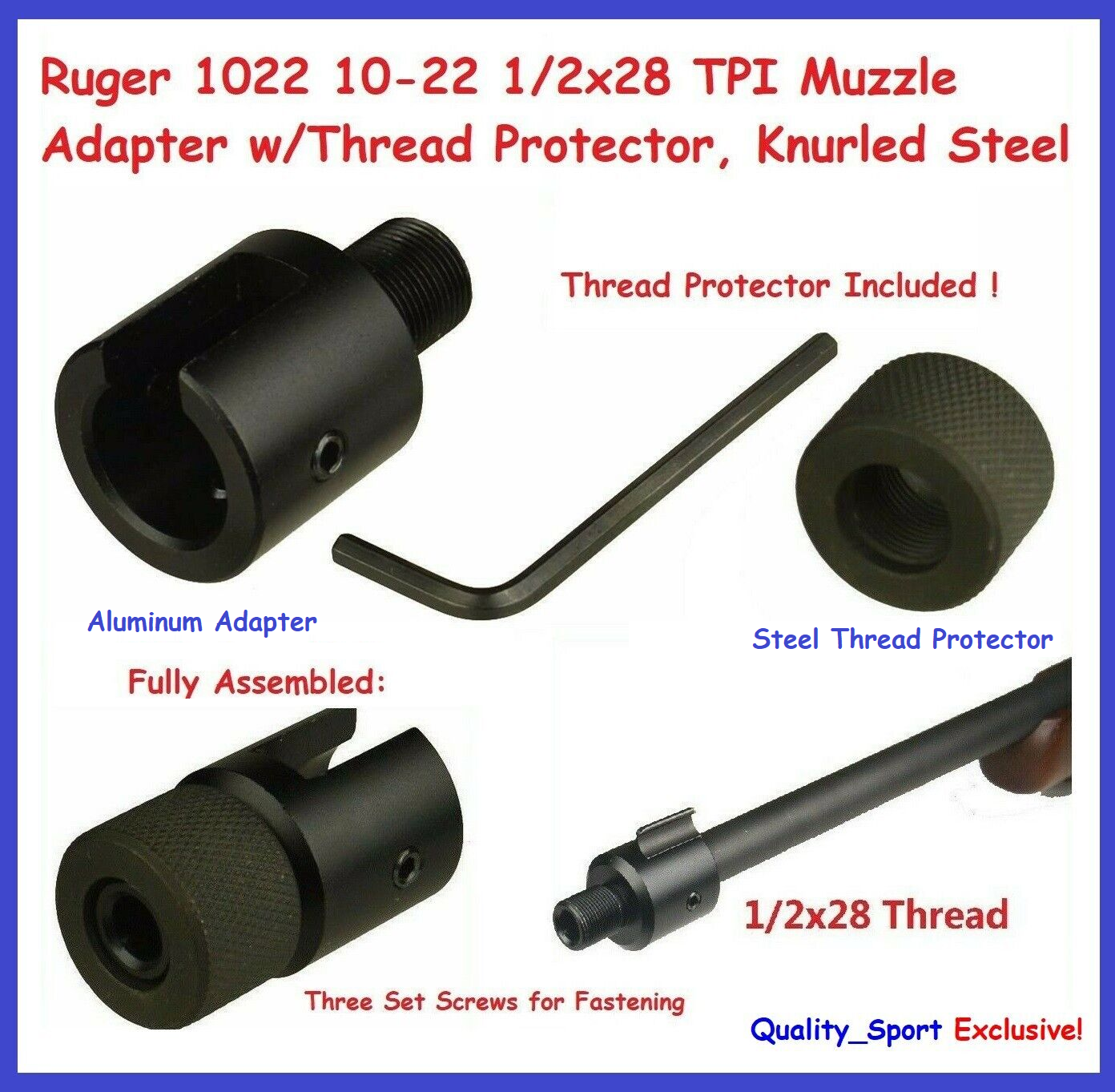 Steel Muzzle Adapter Ruger 1022 10/22, 1/2"x28 TPI w/Thread Protector, Black