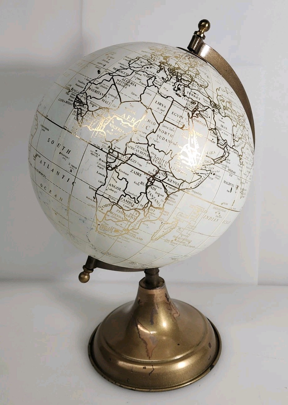 World Globe Tabletop Display 14 Inch Decorative Desk White/Gold Metal Base