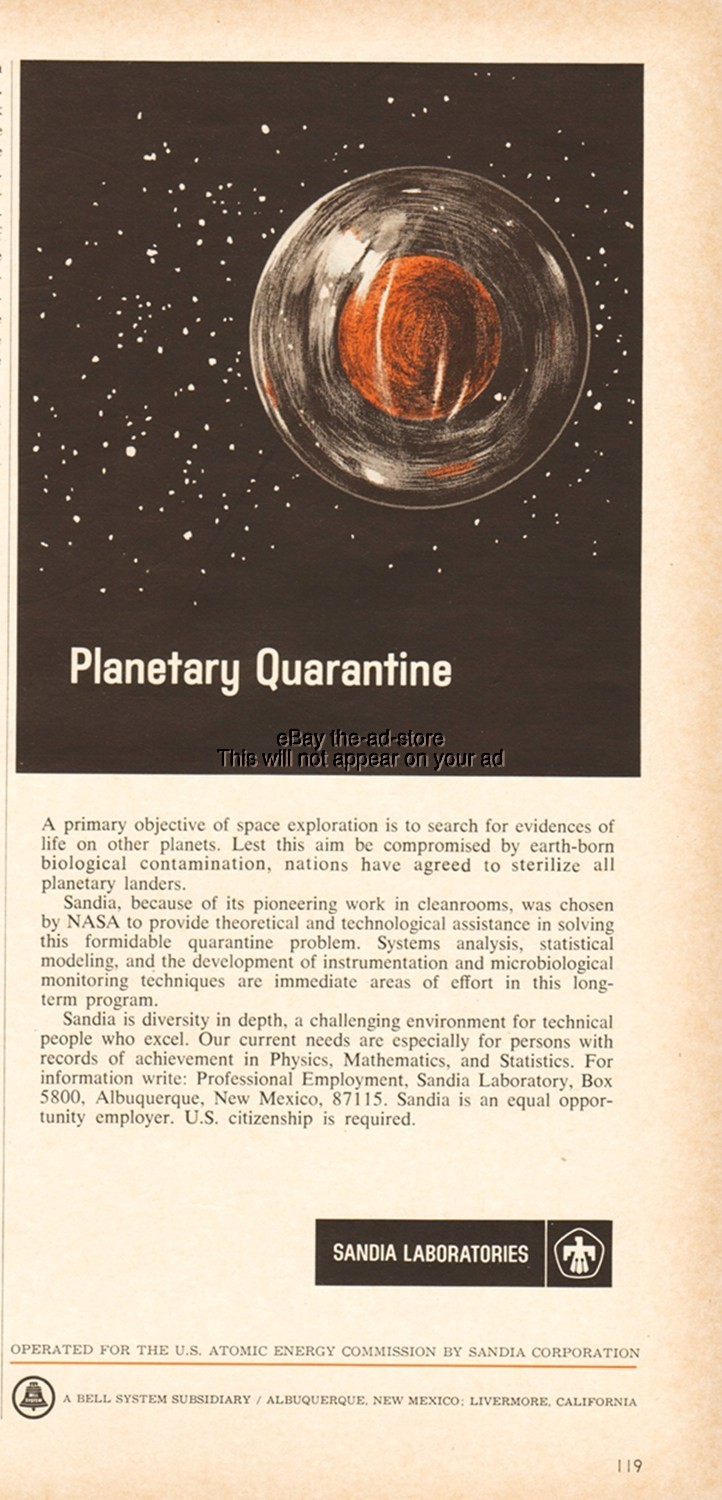 1967 Sandia Laboratories Albuquerque NM NASA Planetary Quarantine Space Ad