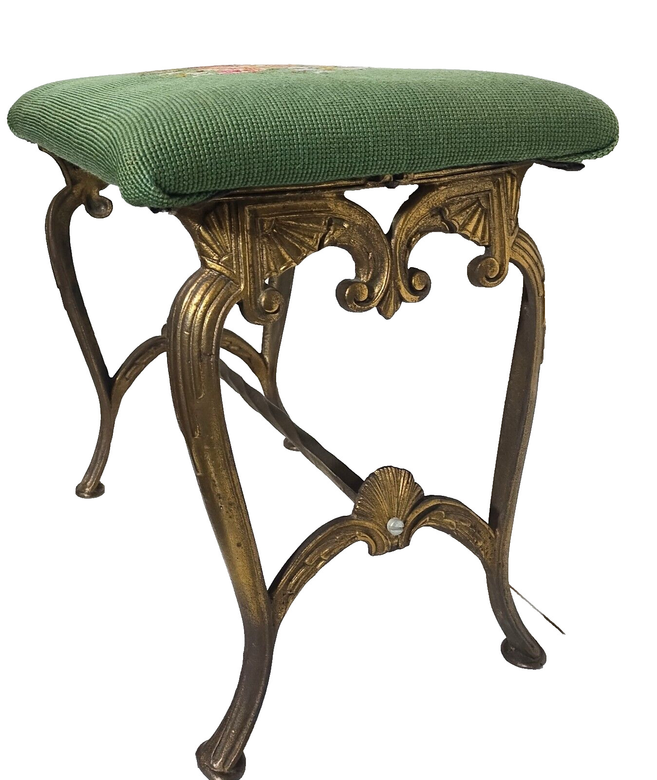 Antique Art Deco Vanity Bench Foot Stool w Fabric Needlepoint Upholstery Top 21"