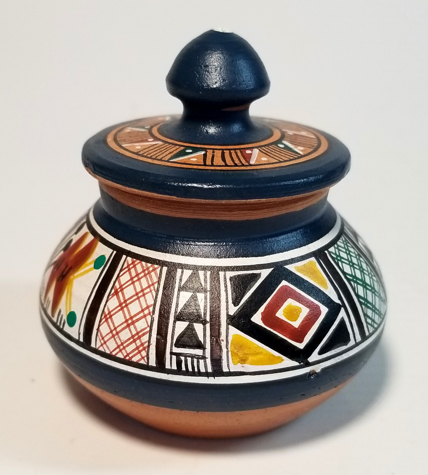 Miniature Ruiz Caro Cusco Peru Hand Painted Ceramic Terracotta Lidded Bowl 2.5"