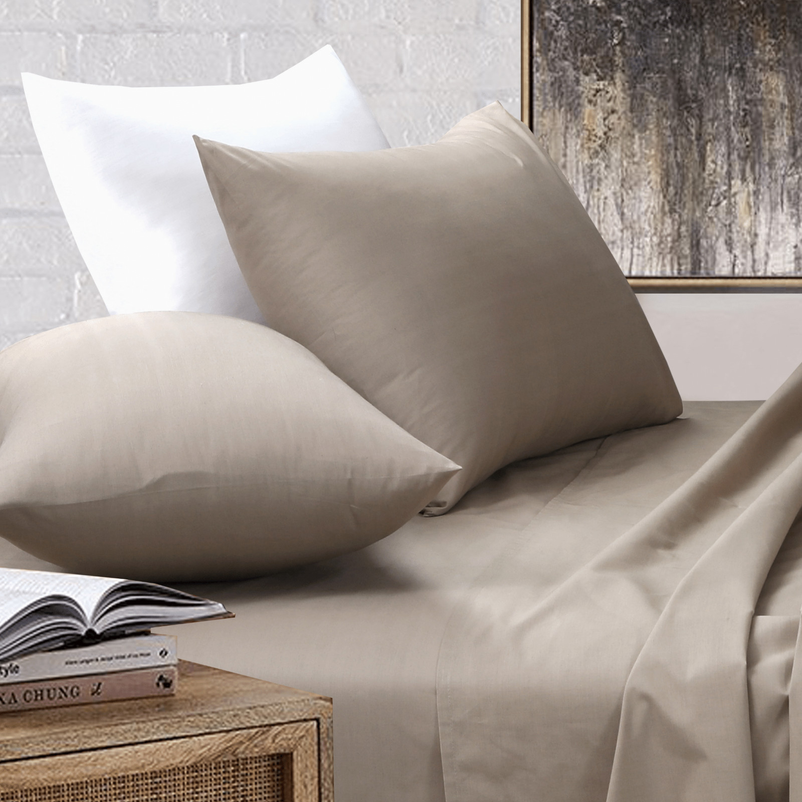 Beige Cotton Blend Flat Fitted Sheet Set Single/Double/Queen/King Bed Sheet
