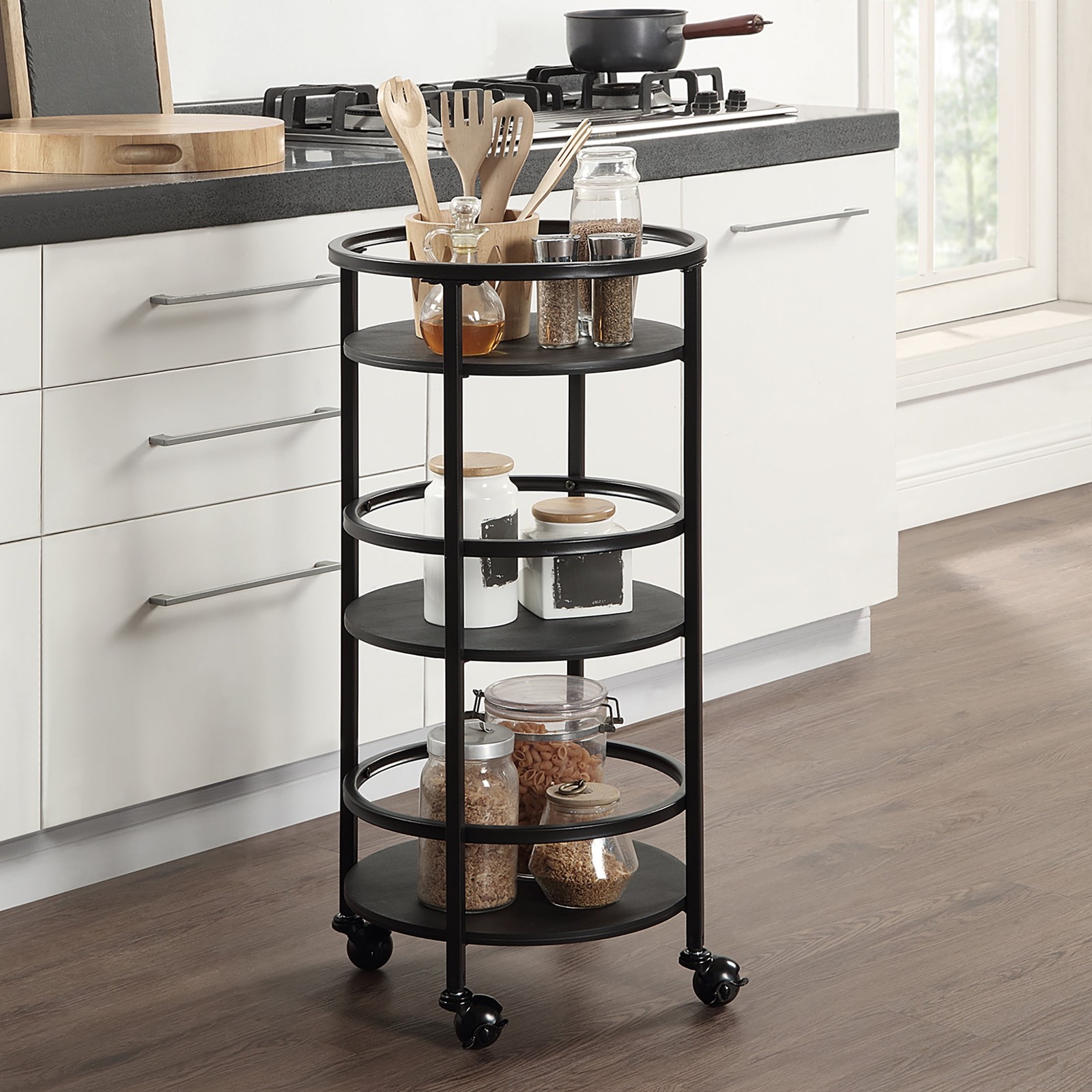 32" 3-Tier Rolling Round Kitchen Storage Bar Cart, Black