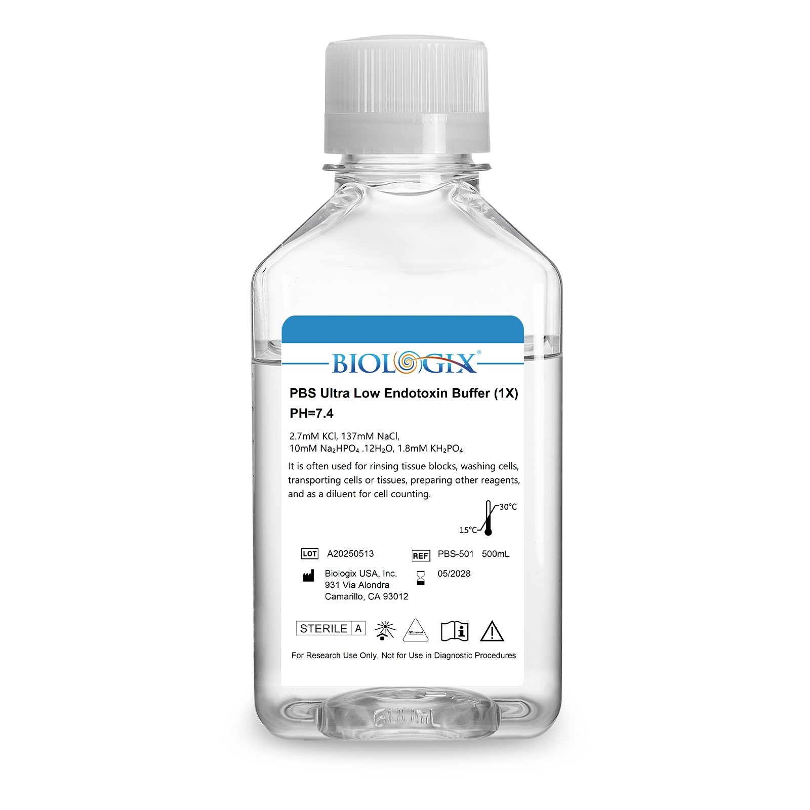Biologix® PBS Buffer (1×), Ultra -Low Endotoxin, 500mL/Bottle, 10 Bottles/Case