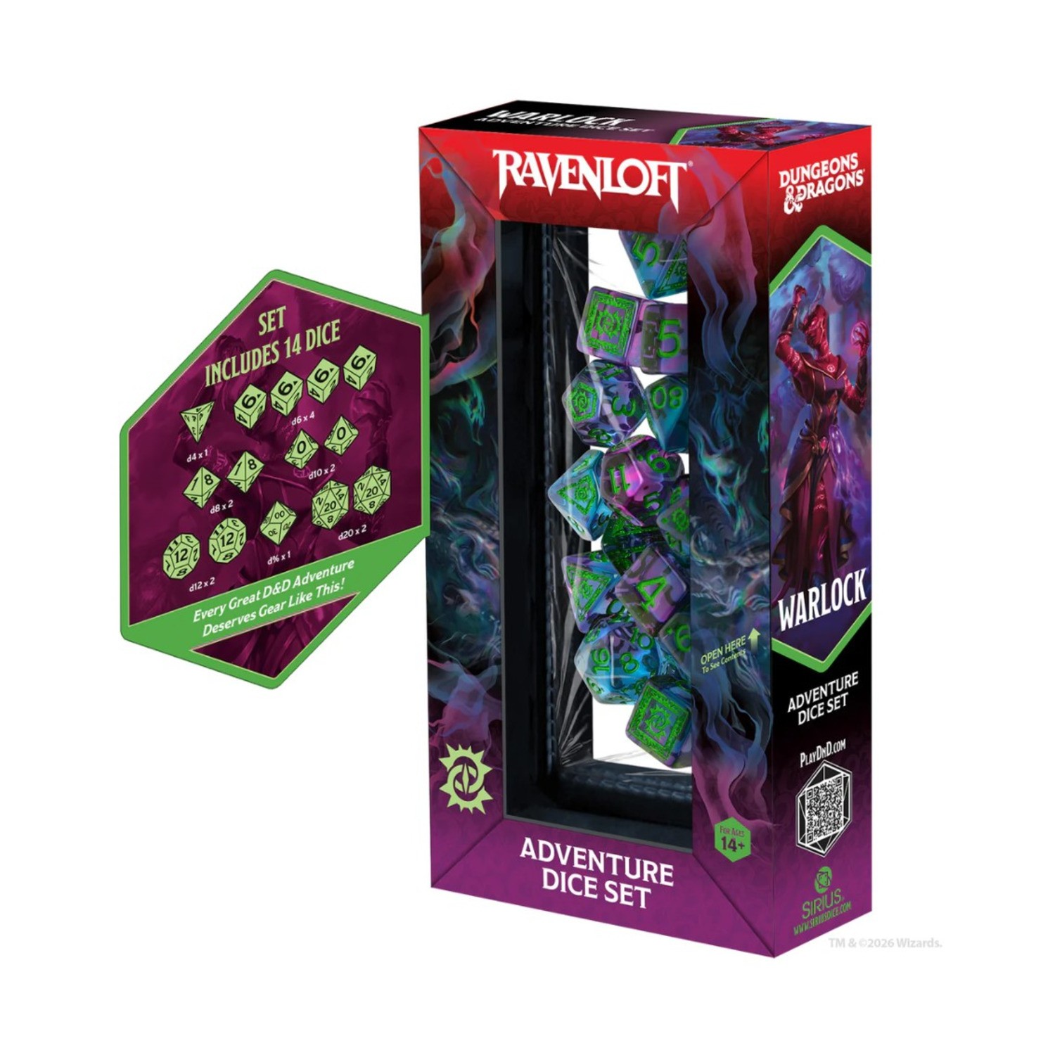 Sirius D&D Adventure Dice Warlock Poly Set - Purple w/Green (14) New