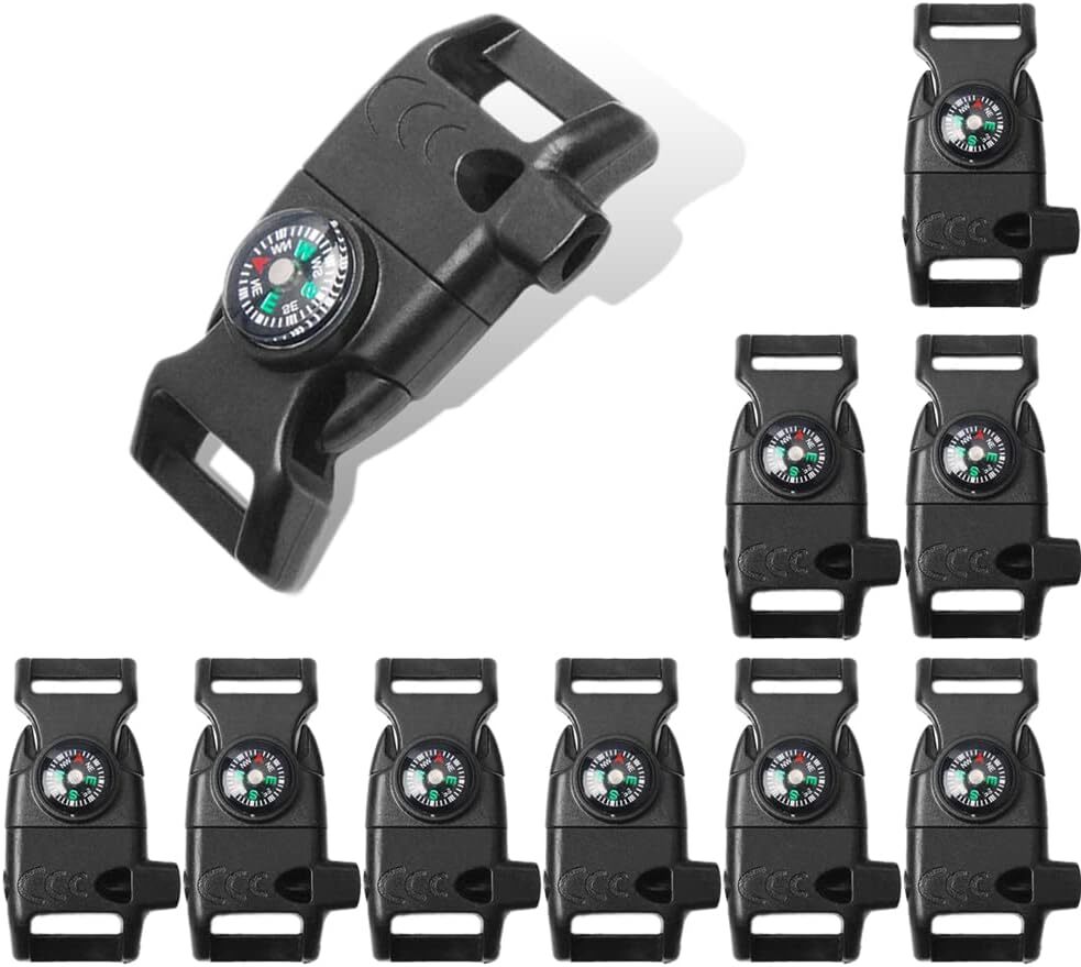 10-Pack Black 5/8" Paracord Bracelet Buckle with Compass & Fire Starter