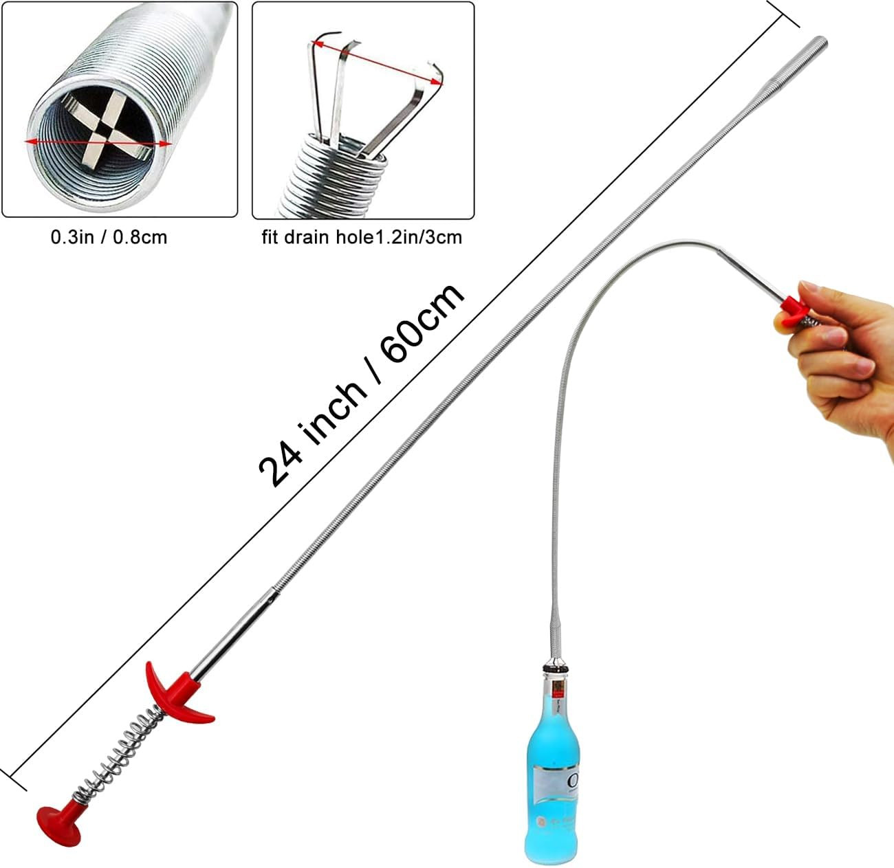 Flexible Claw Grabber Pickup Tool with 4 Claws, Drain Snake Hair Silver, red