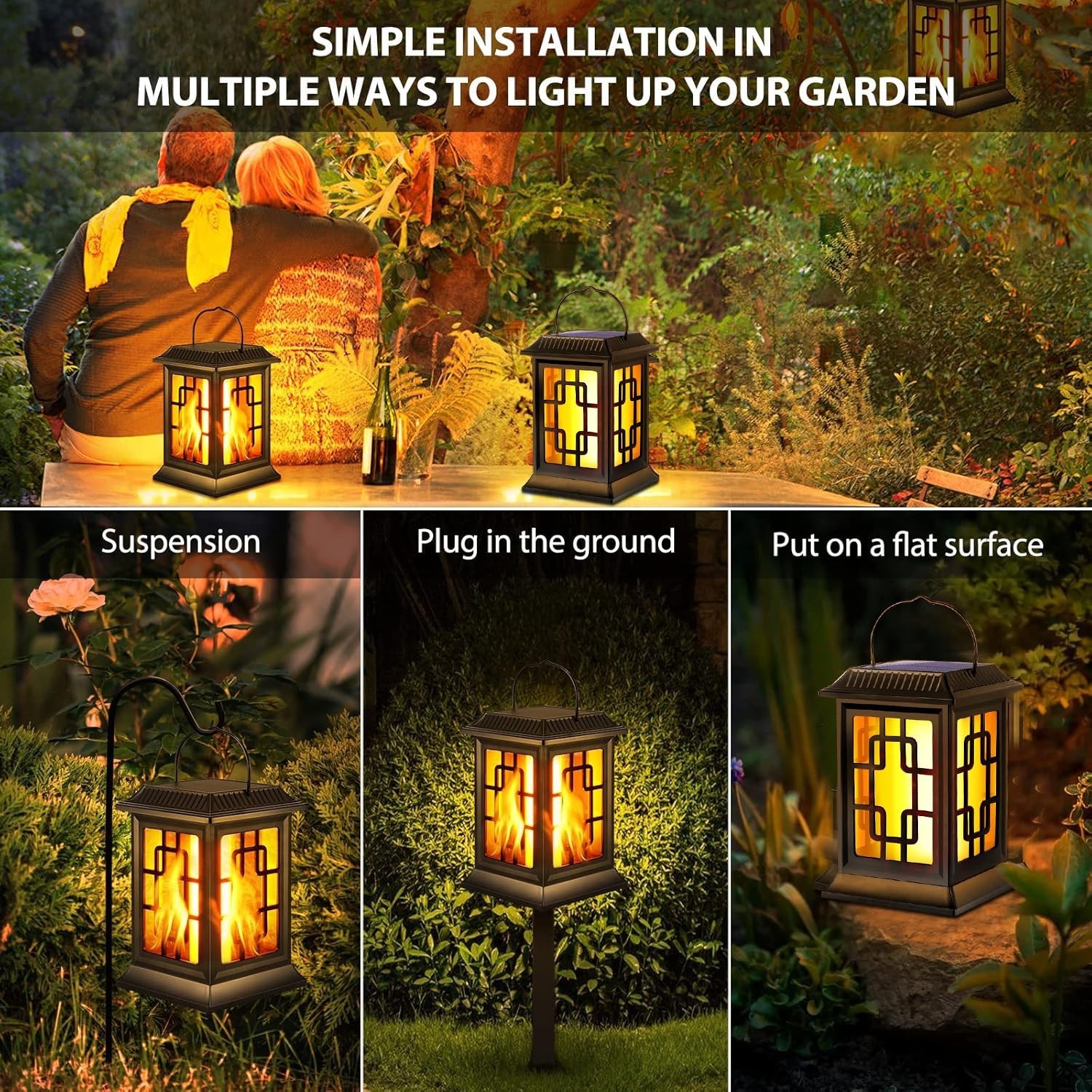 Flickering Solar Lantern Outdoor, Waterproof Hanging Flame Solar Powered Lant...