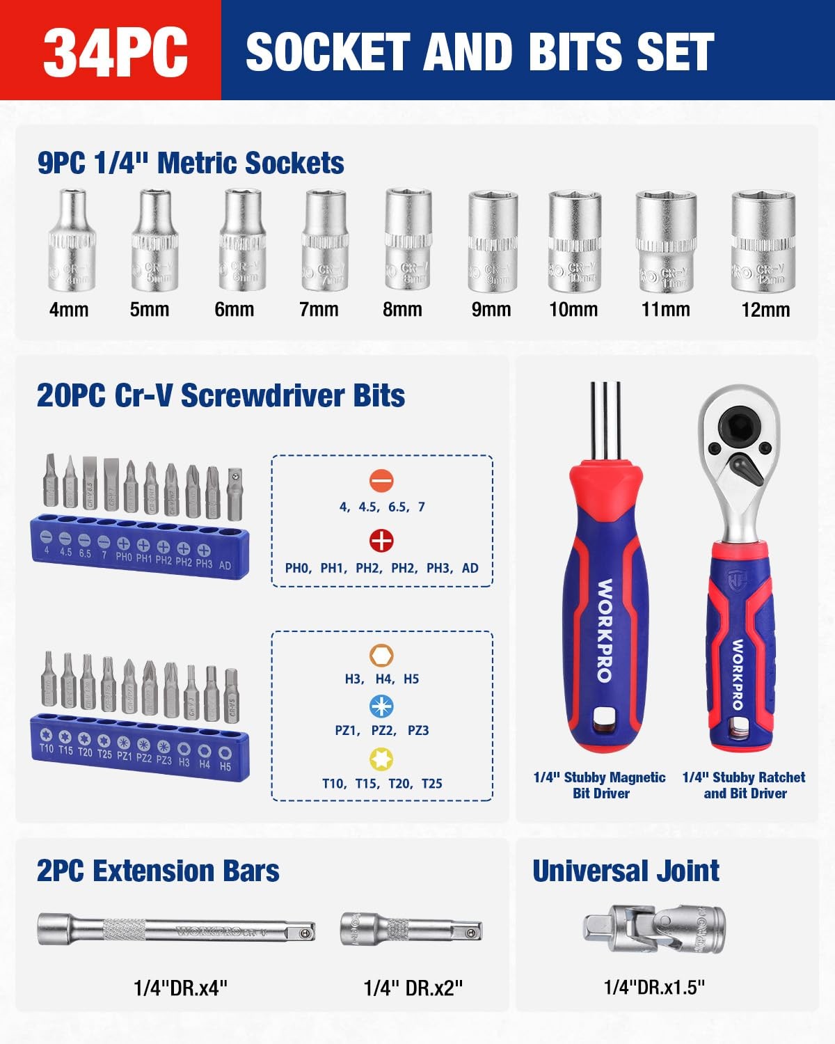 WORKPRO 34 PCS 1/4" Drive Mini Socket Ratchet Wrench Set, Blue, Red, Silver