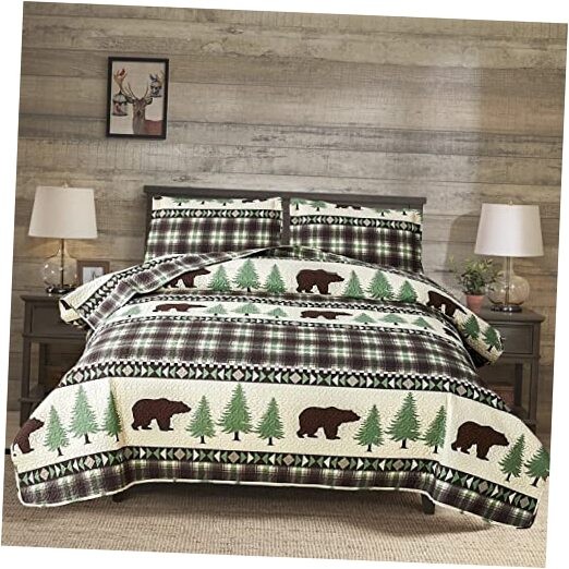 Rustic Bear Quilts Set Size,Lightweight Plaid Bedspread Forest King Beige Brown