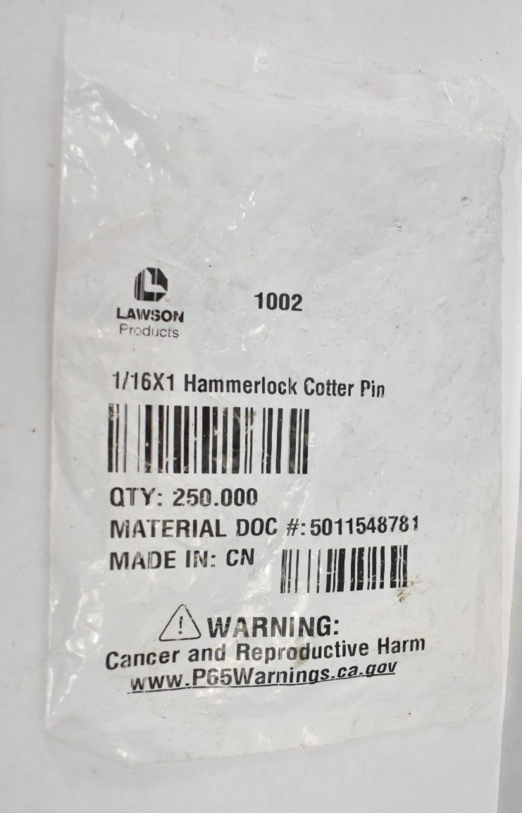 Lot of 250 Lawson Hammerlock Cotter Pins 1/16" x 1" 1002 Zinc Plated Finish