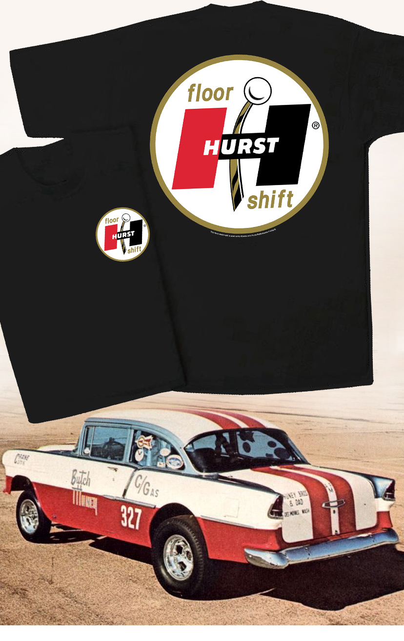 Hurst Gold Floor Shift Black T-Shirt - Gasser Decal Wheel Shifter Hot Rod Drag
