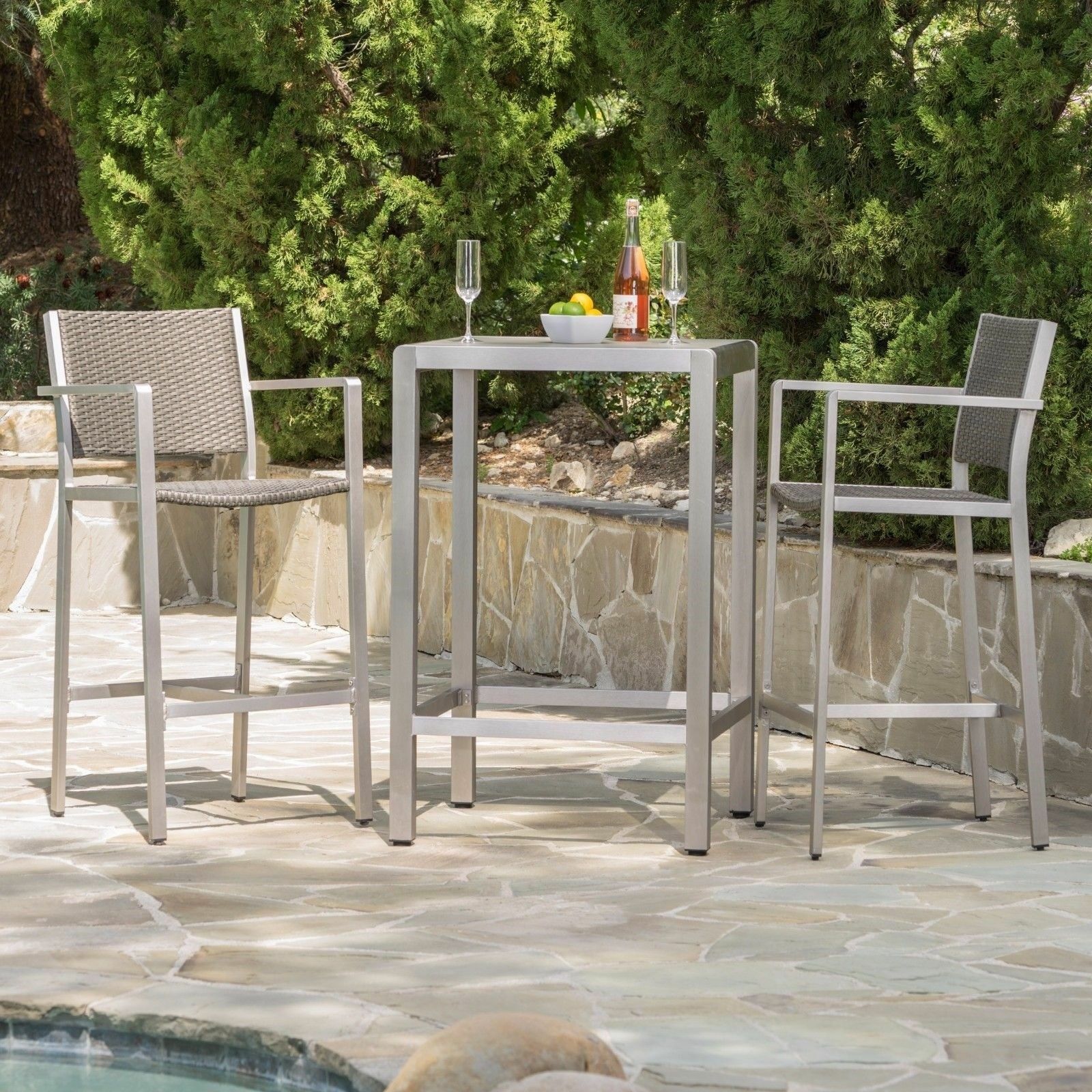 Capral Outdoor 3 Piece Grey Wicker Bar Set with Glass Table Top