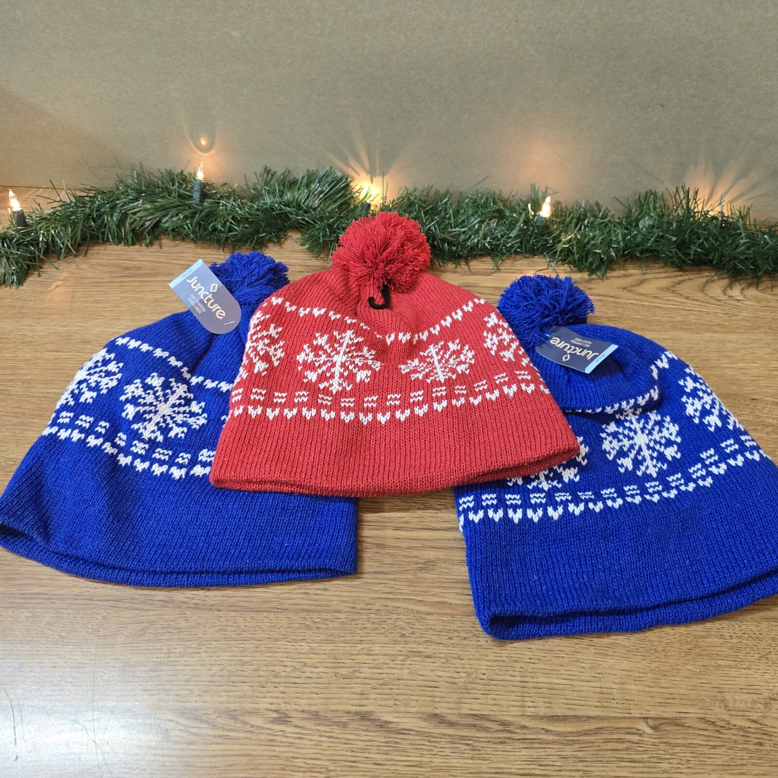 3 Set Winter Ski Hat Pom Beanie Snowflake Blue & Red Lined Snow Cap BRAND NEW.