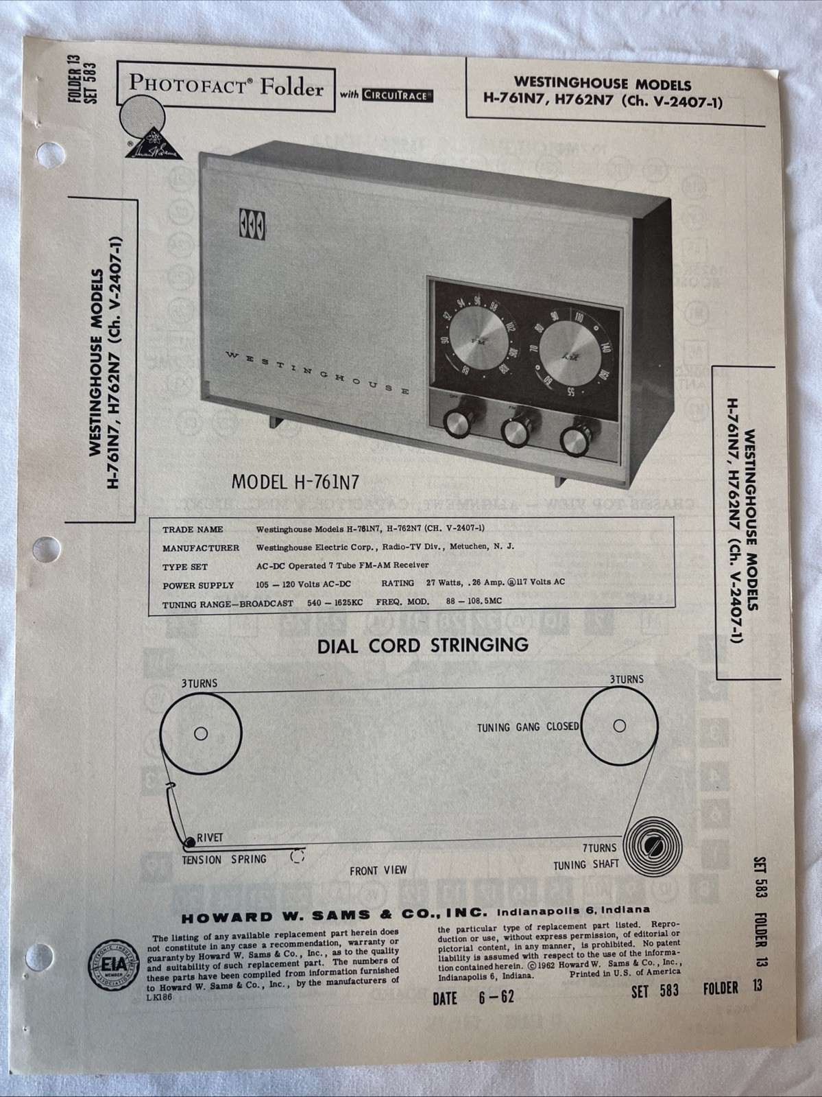 Vintage Sams Photofact Schematic 6-1962 WESTINGHOUSE MODELS H-761N7
