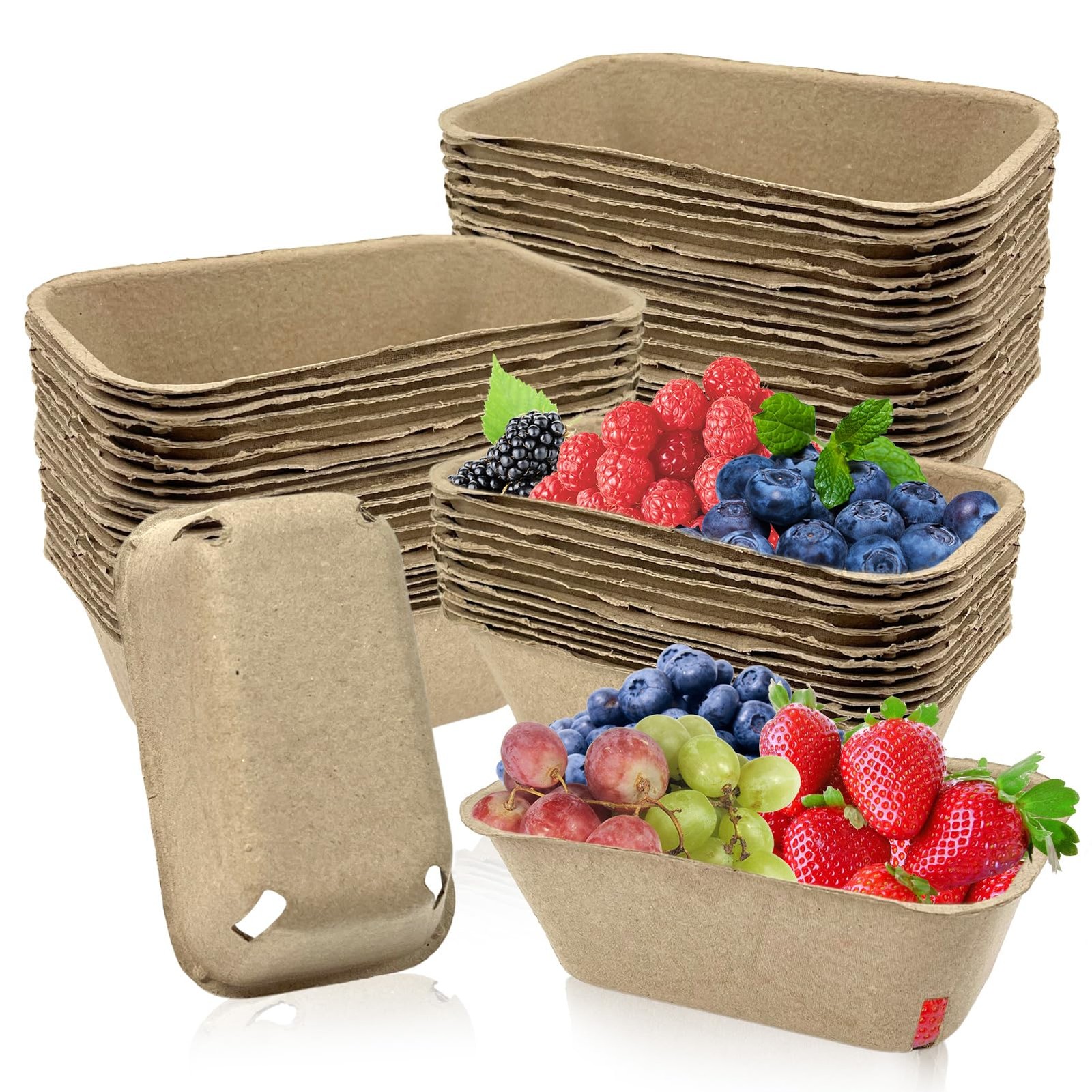 50 Pack Natural Pulp Fiber Large Berry Basket for Picking Fruit, Molded Berry...