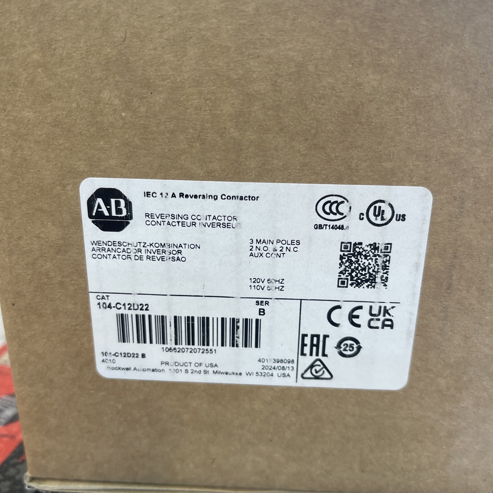 ALLEN BRADLEY REVERSING CONTACTORS. 104-C12D22              110V/120V 50/60HZ
