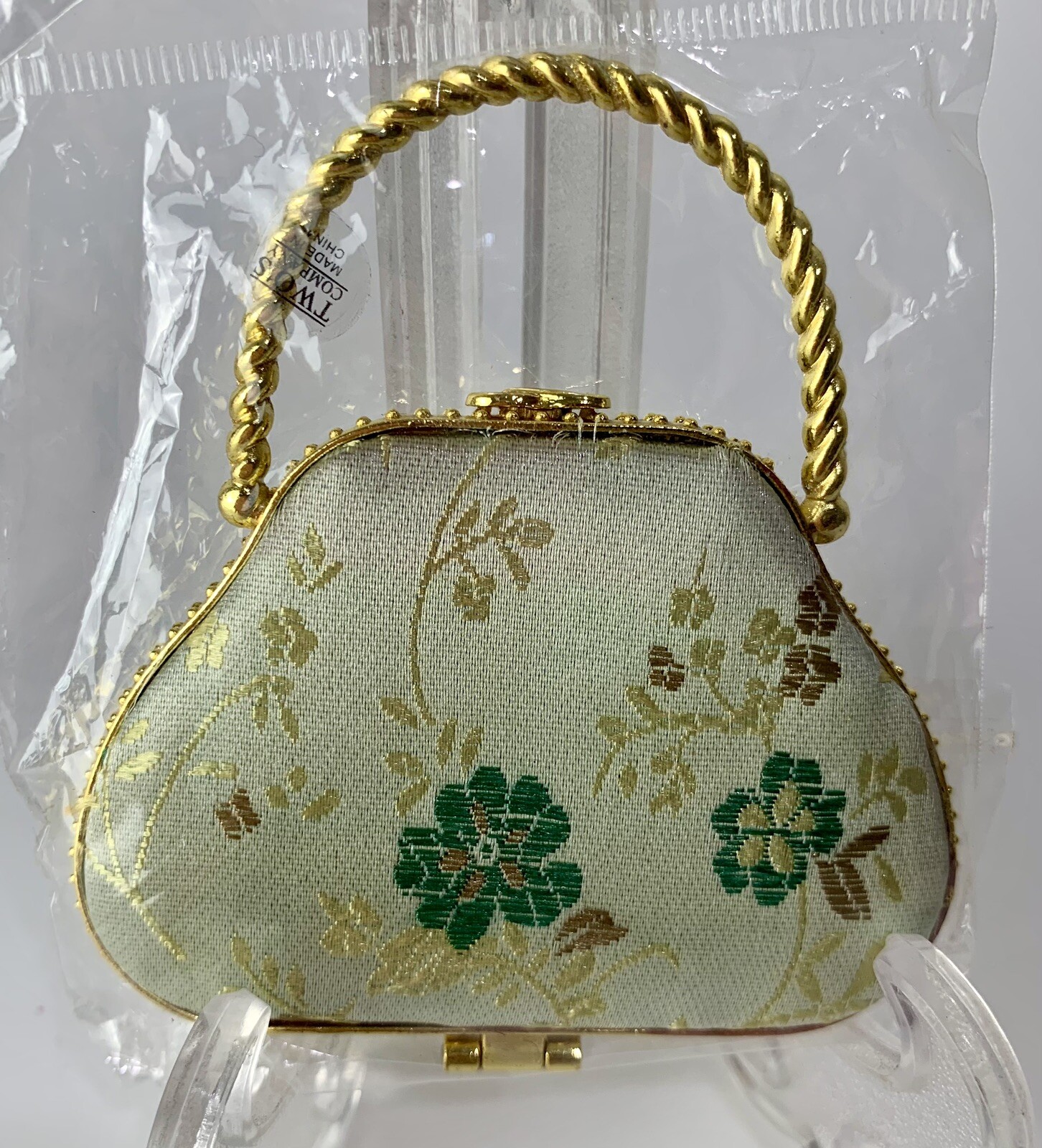 Compact Mirror - Purse/Handbag Shape - New in Package - Satin Flower Fabric!