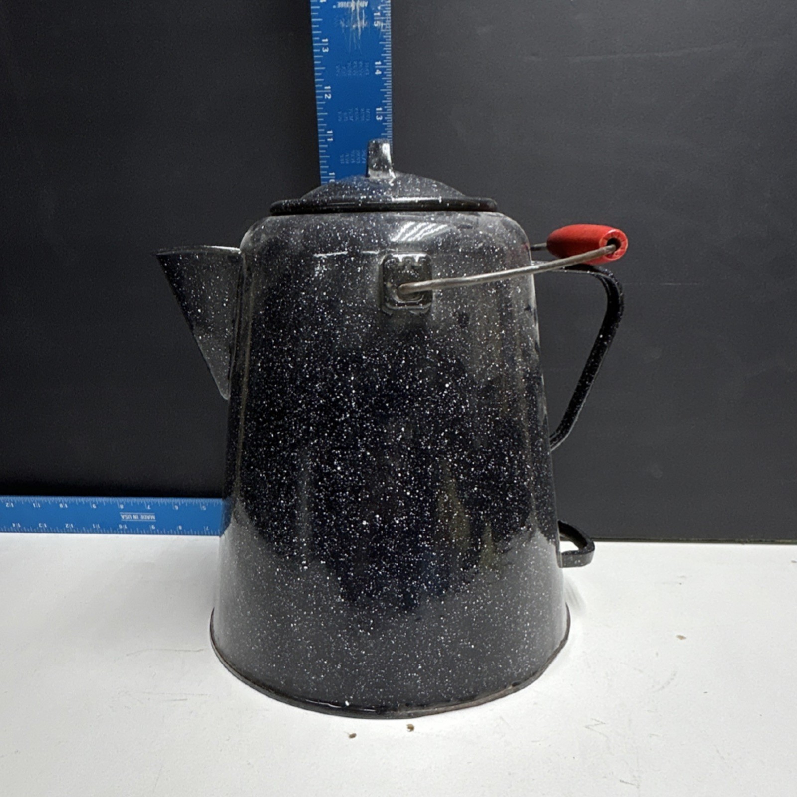 Vintage Cowboy Coffee Pot Black & White Speckled Enamelware w/lid and Red Handle
