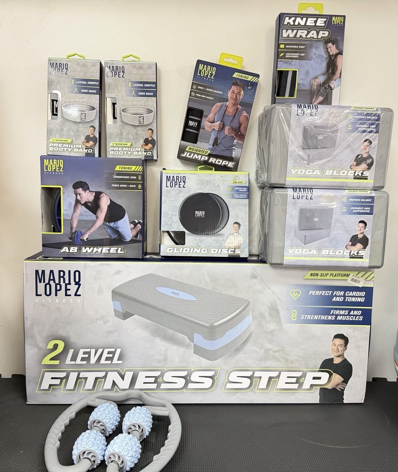 New Home Workout Equipment Bundle – Step Platform Yoga Blocks Ab Wheel Bands