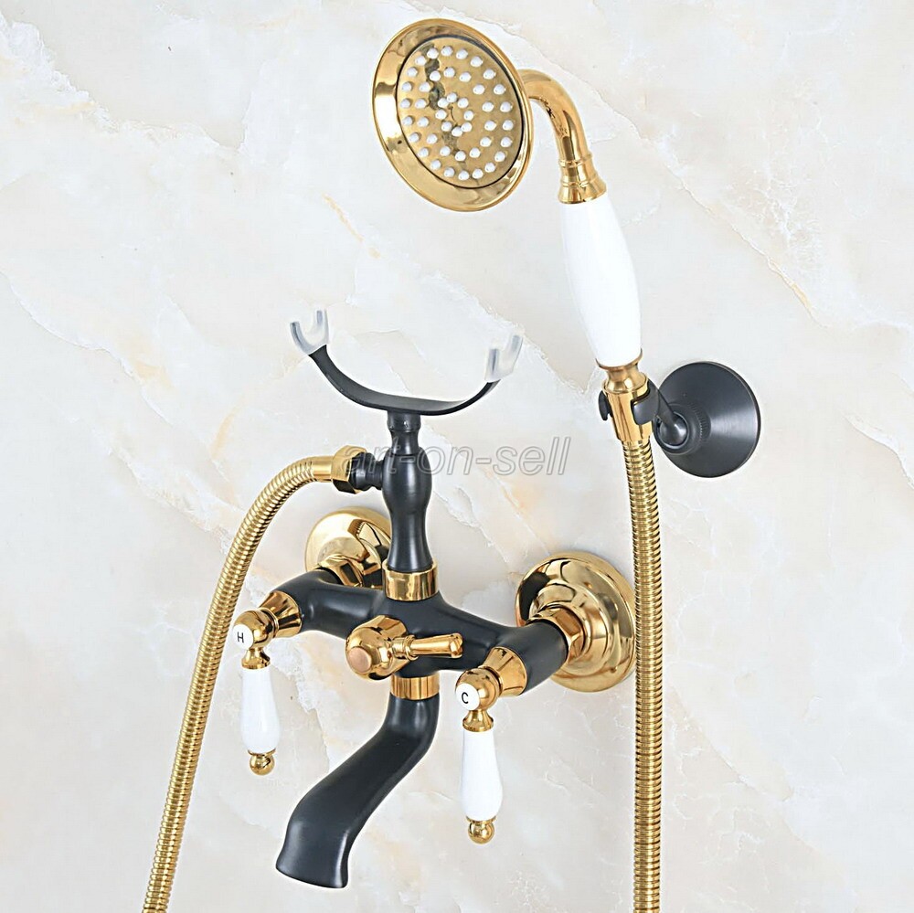Black & Gold Brass Wall Mount Clawfoot Bath Tub Filler Faucet w/ Hand shower