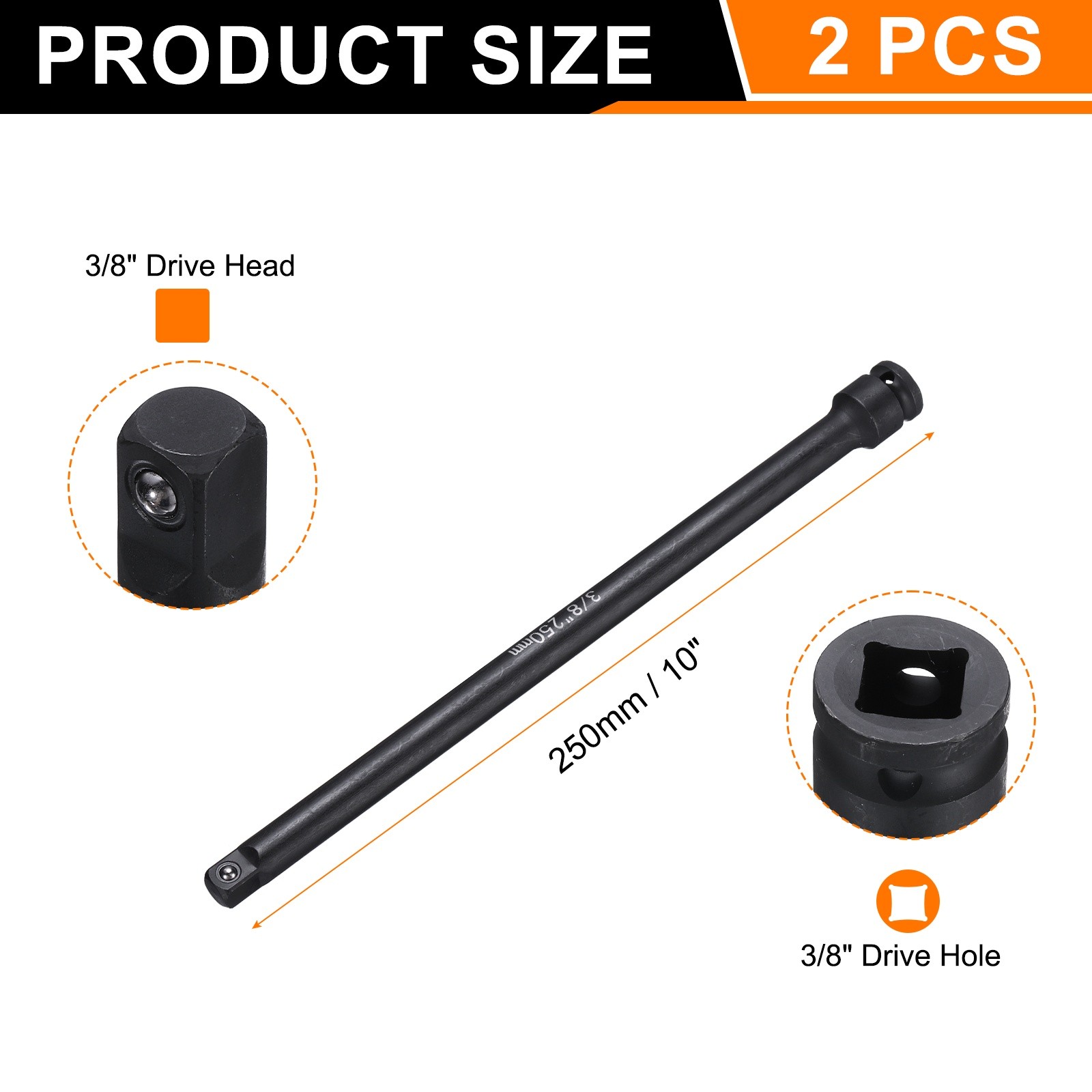 2pcs Impact Socket Extension Bar 3/8" Drive 10" Long Adapter Black
