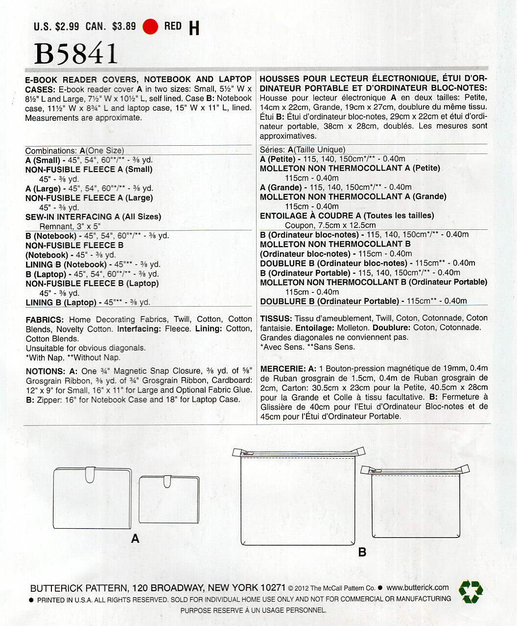 Butterick See & Sew B5841 E-Book Reader Covers, Laptop Cases UNCUT Pattern