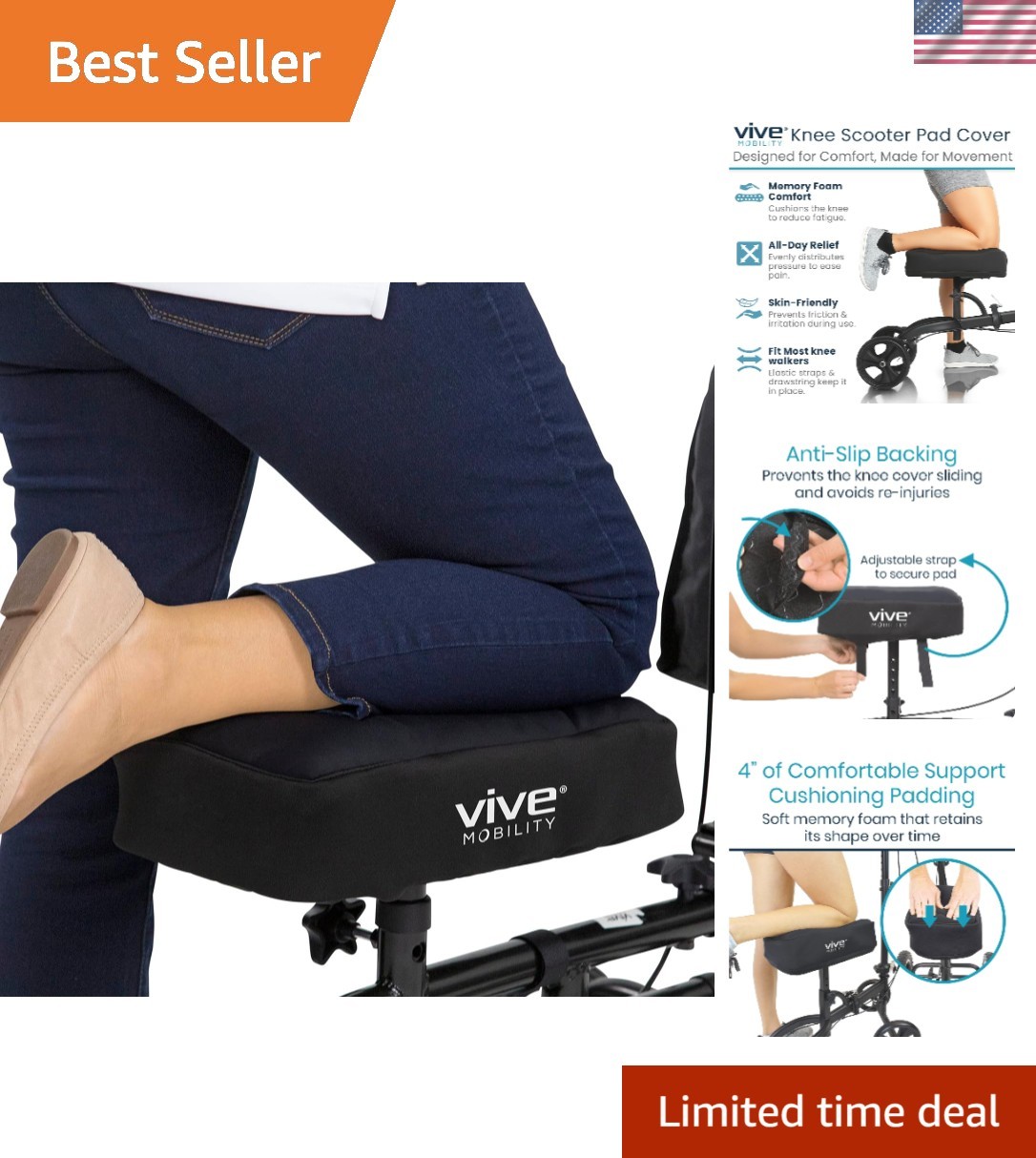Knee Scooter Cushion Pad Cover - Durable Memory Foam for Injury Recovery Support