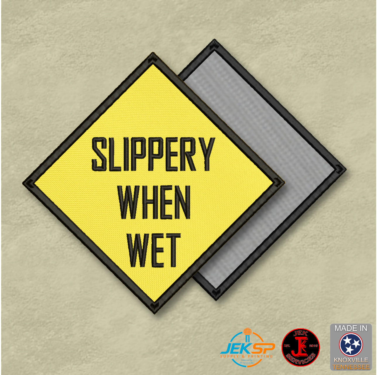 Slippery When Wet Funny Morale Patch, 2.5x2.5" | VELCRO® Brand Hook Fastener