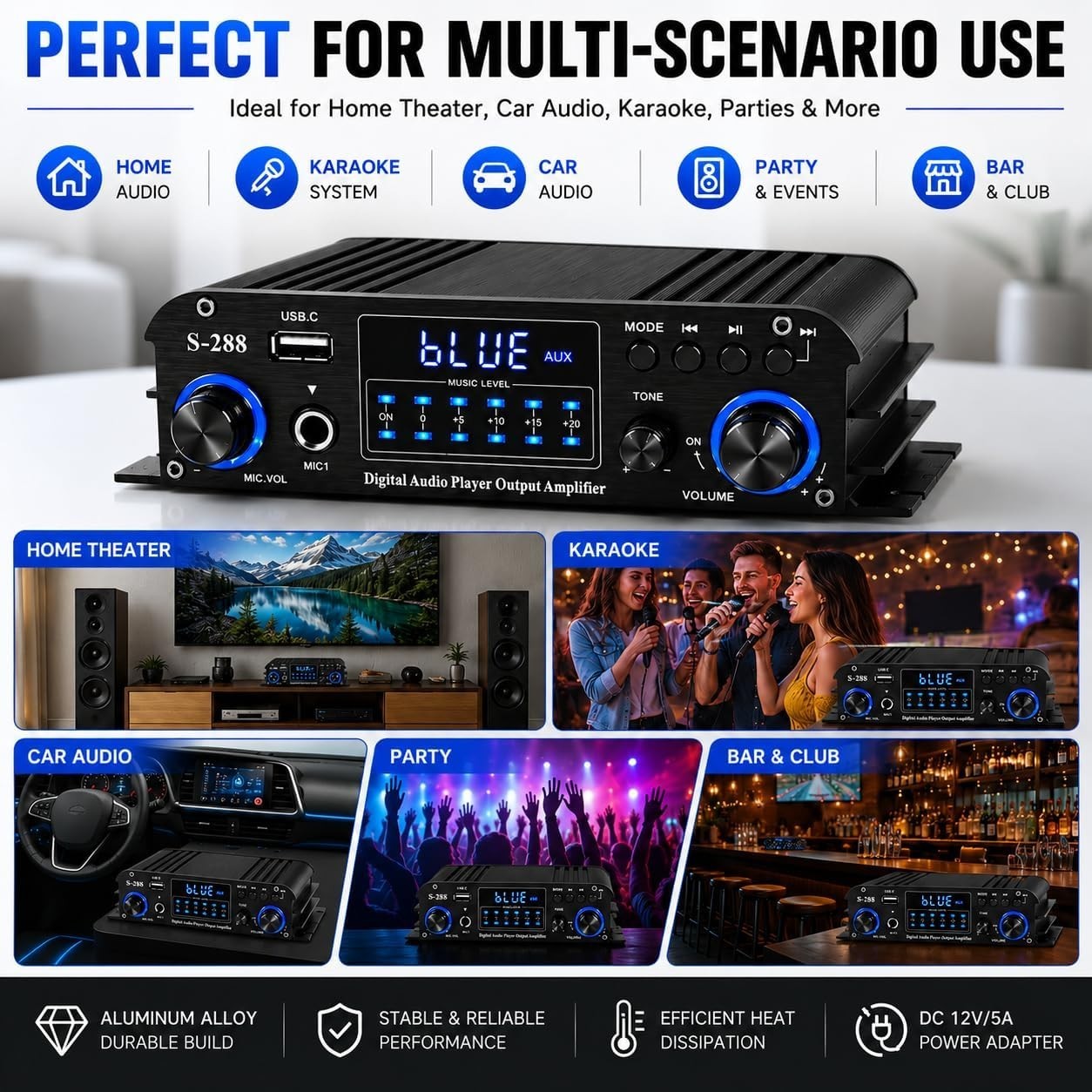 1200W Bluetooth Stereo Amplifier for Home Theater & Karaoke/-^~--/`