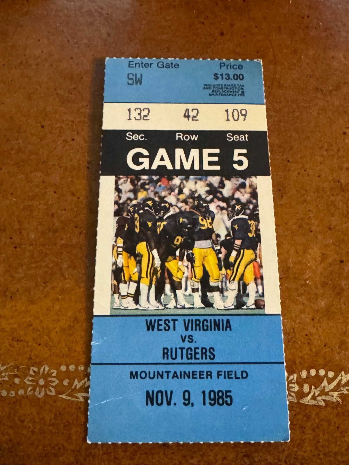 1984 West Virginia Mountaineers Rutgers Football Ticket Garry Mullen 11/9