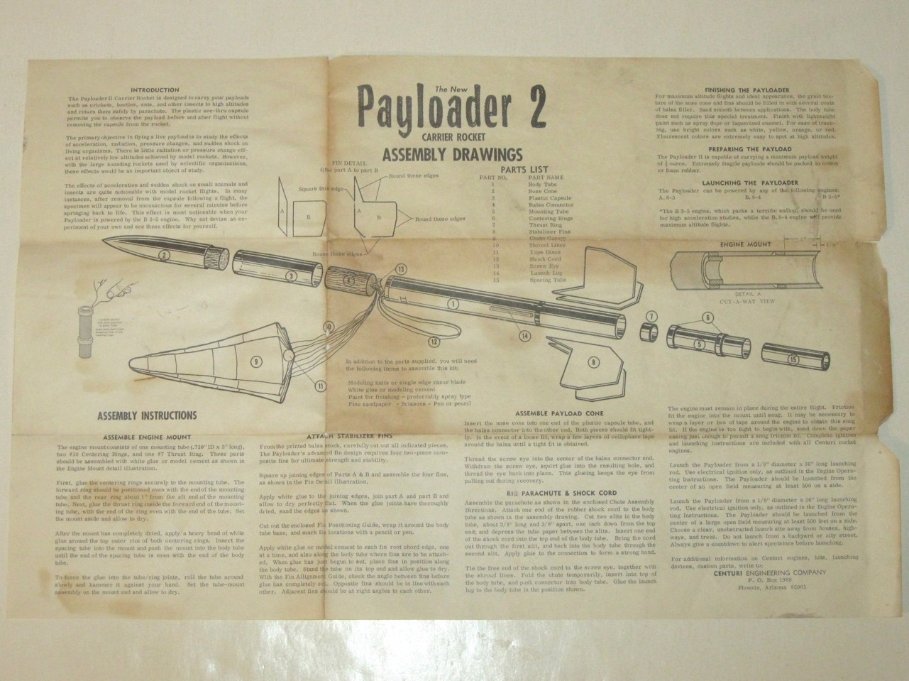 Vintage 1960s Centuri PAYLOADER 2 II Carrier Rocket MODEL ROCKET Assembly Sheet!