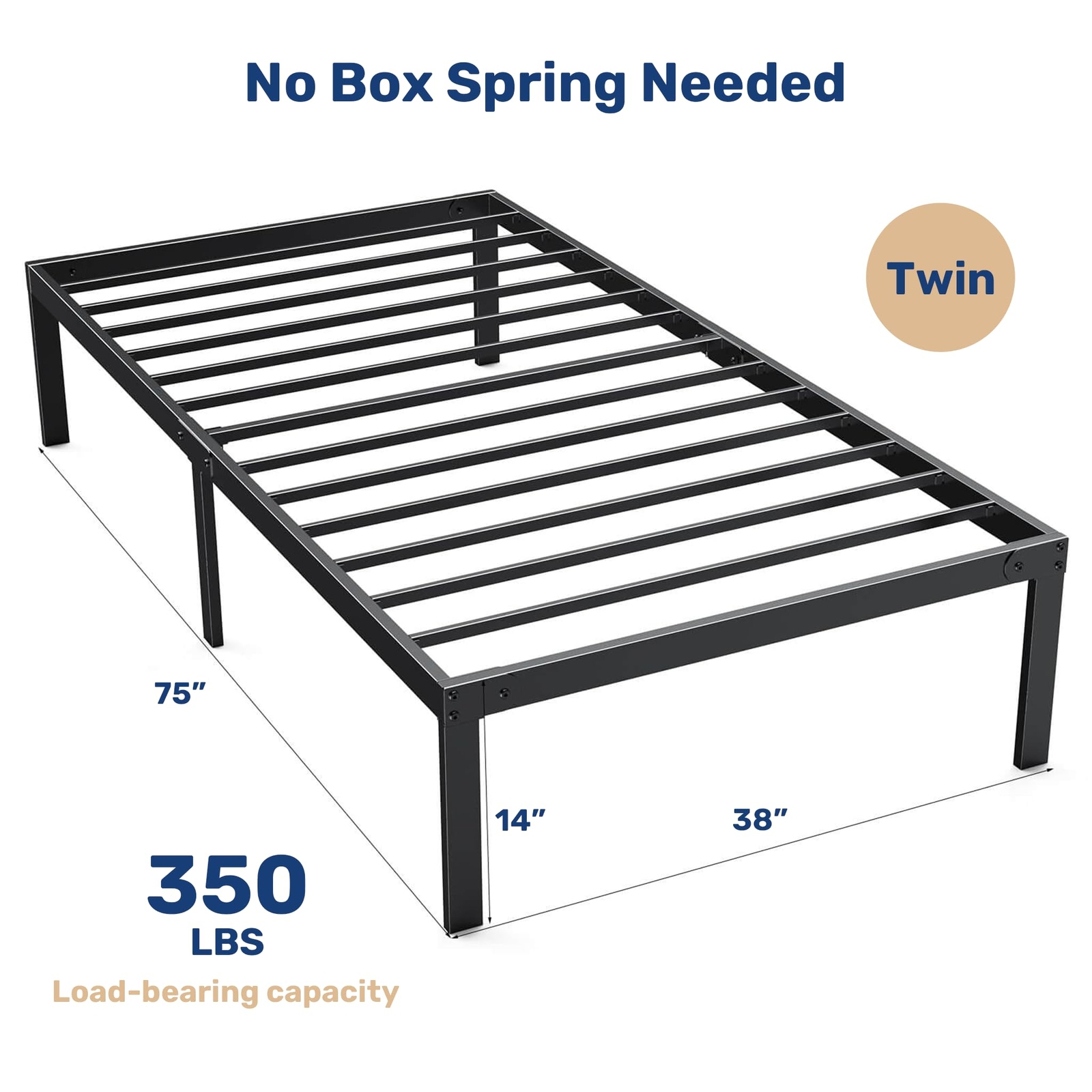 Durable Twin-Size 14” Black Metal Platform Bed Frame – Sturdy & Sleek Design
