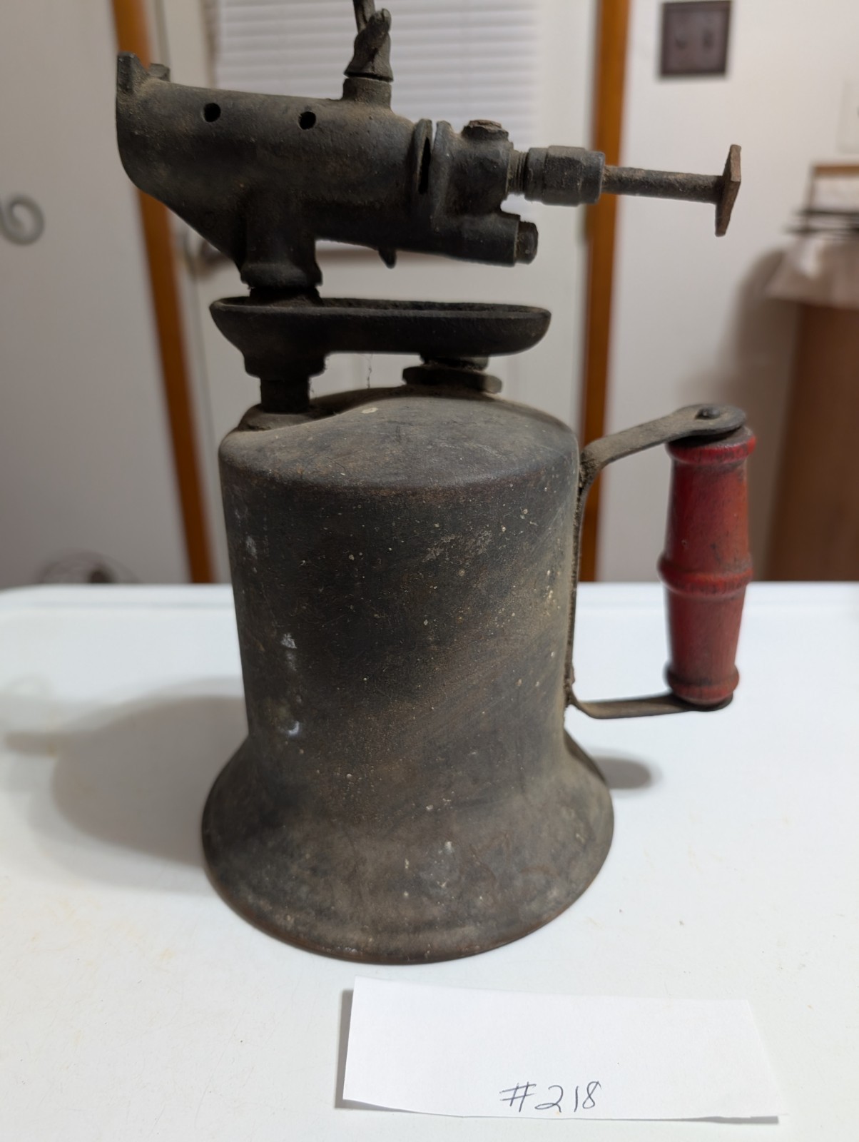 Antique Blow Torch Soldering Tool – Red Wooden Handle – Rustic Industrial Decor