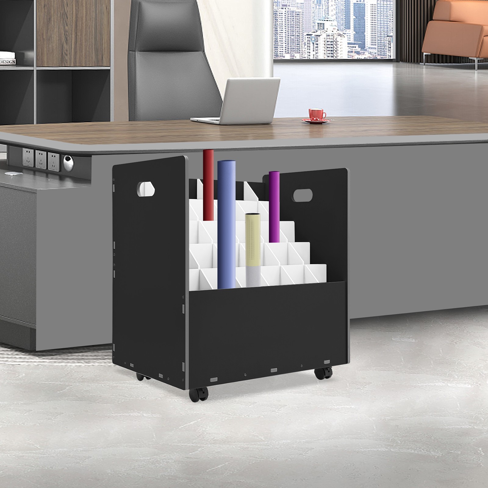 Mobile Roll File Storage Rack, Roll Files Storage Cabinet with Wheels, 30 Slots
