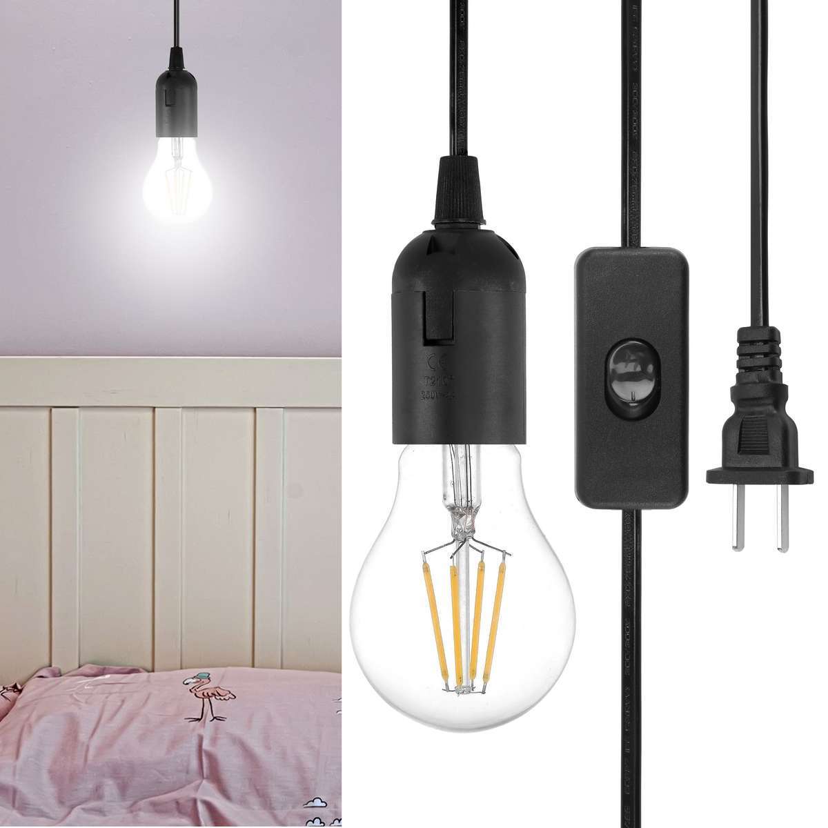 2X E26 E27 Light Bulb Socket to Wall Outlet Plug Adapter On/Off Switch 6FT Cord