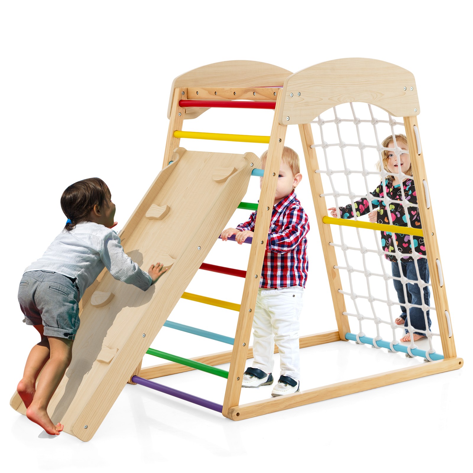6-in-1 Wood Jungle Gym Montessori Climbing Play Set w/Double-sided Ramp Colorful